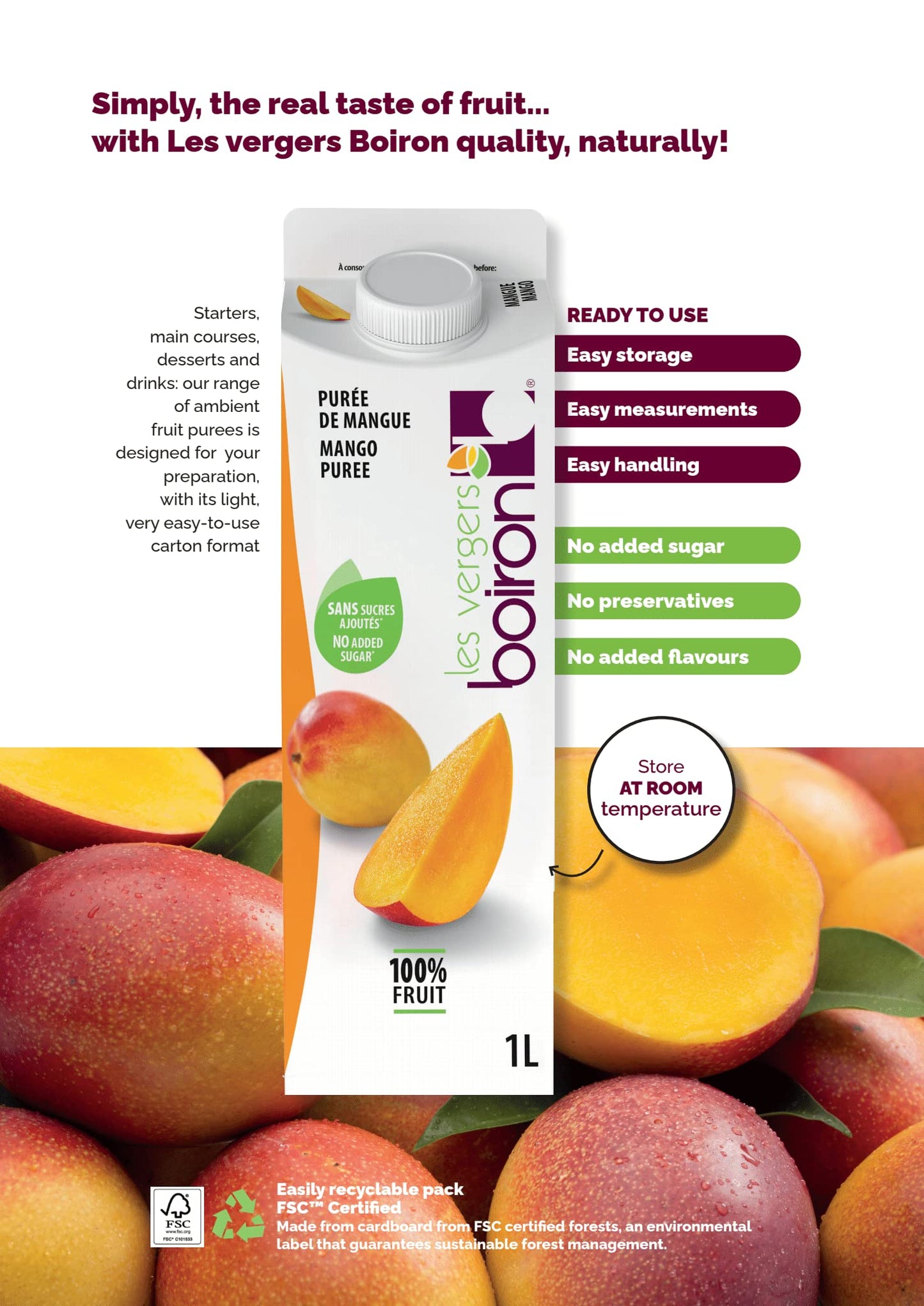 Les Vergers Boiron Mango Fruit Puree, 100% Fruit, All Natural, No Added Sugar, Non-Gmo, No Preservatives, No Added Flavors, Vega