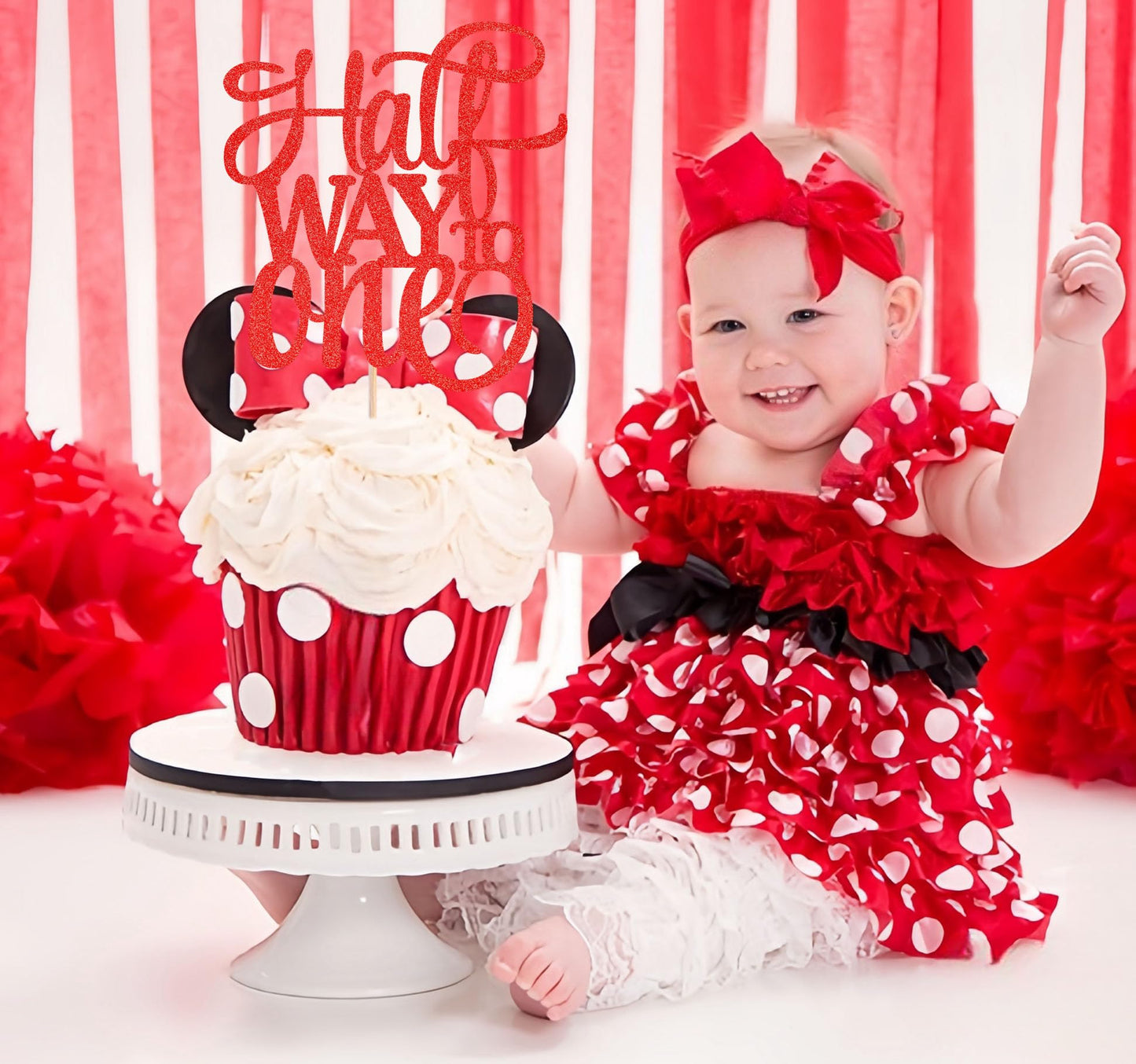 Ahaoray Half Way To One Cake Topper - Red Glitter 6 Months Birthday Decorations Supplies - Half Birthday Decorations Baby Girl,