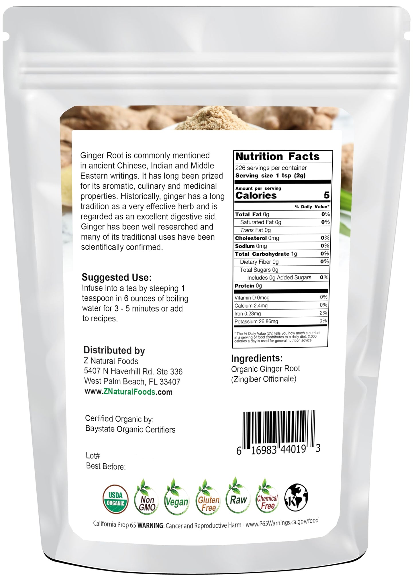 Z Natural Foods Organic Ginger Root Powder - Non-GMO, Gluten-Free, Vegan - 16 Ounce