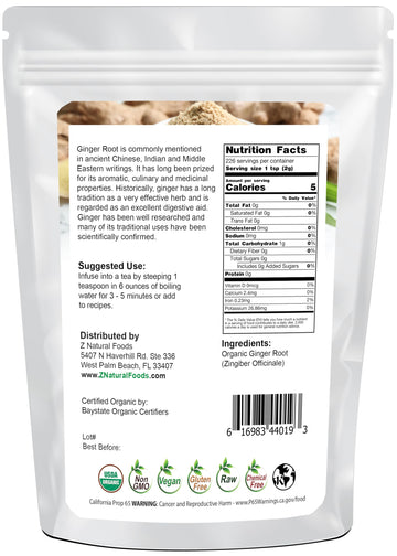 Z Natural Foods Organic Ginger Root Powder - Non-GMO, Gluten-Free, Vegan - 16 Ounce