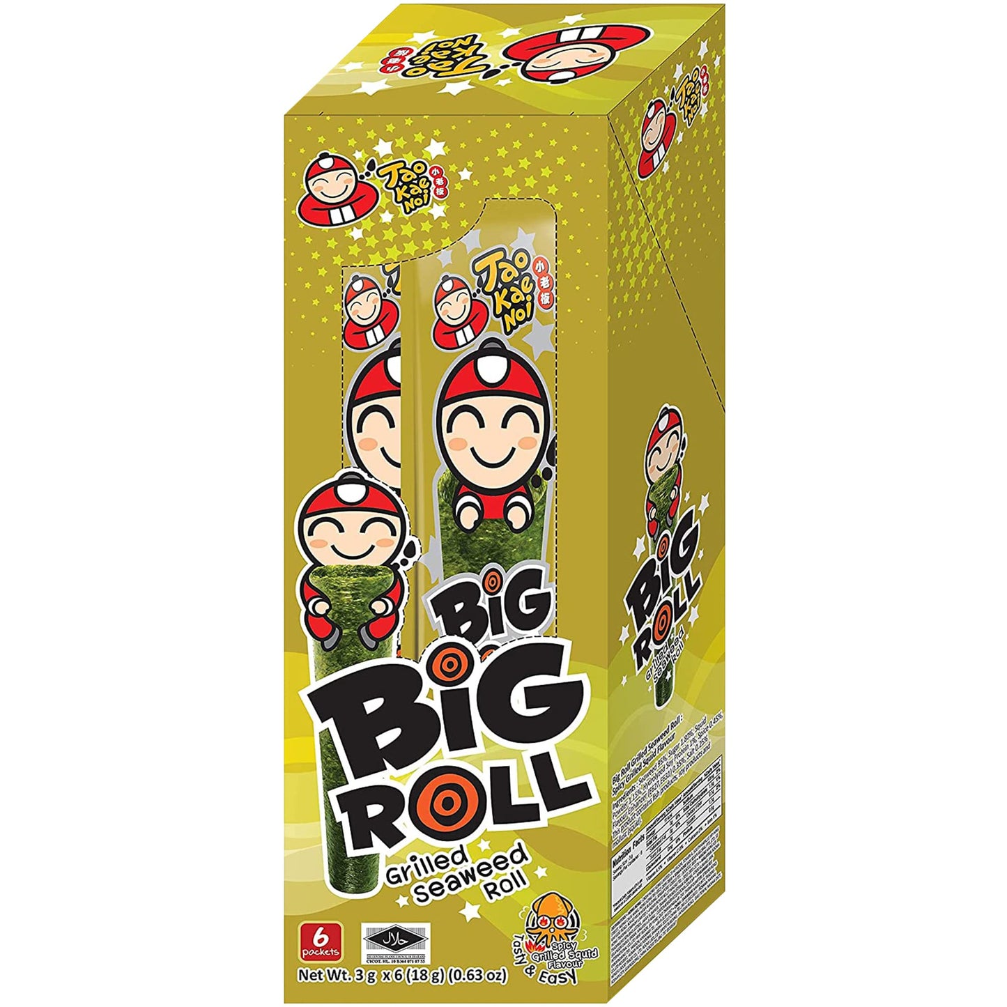 Tao Kae Noi Grilled Seaweed Snacks, Grilled Squid Flavor, 6 Count, Nori Rolls, Model TKI00144