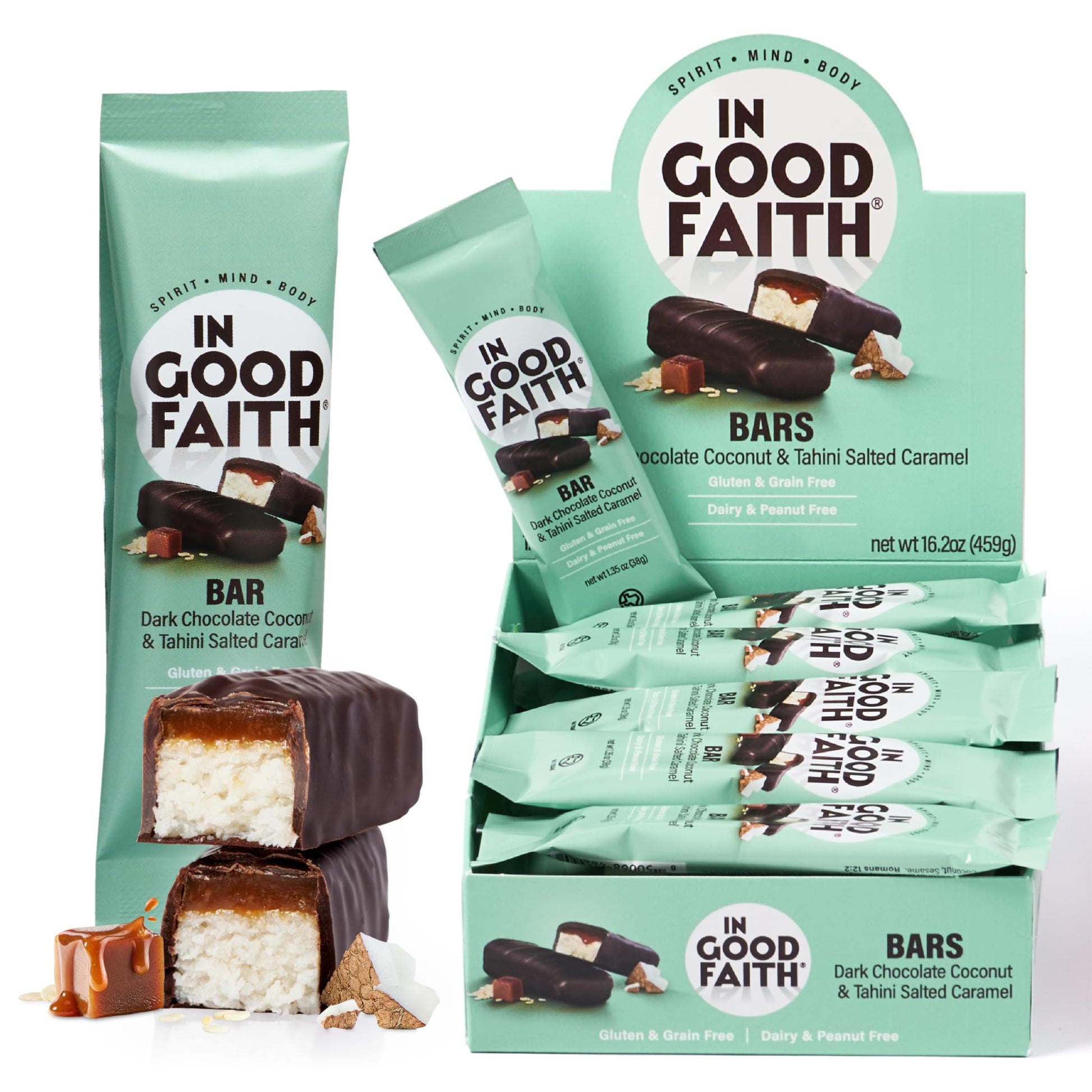 In Good Faith Dark Chocolate Coconut & Salted Caramel Bars  Healthy  Gluten Free  Vegan  Dairy Free Chocolate Bars (12 Pack)