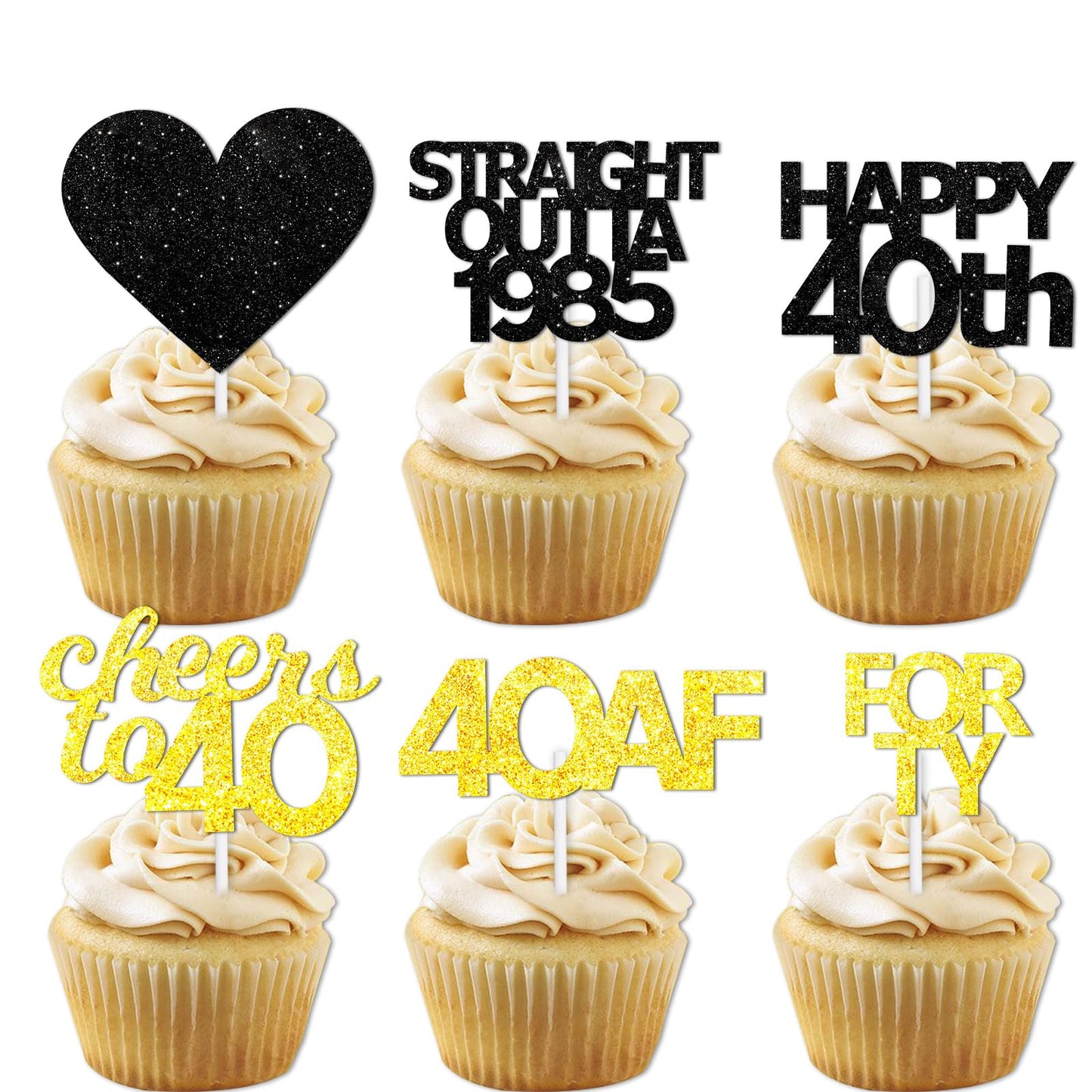 18pcs Black Gold Glitter Dessert Cupcake Pick for Straight Outta 1985 Cheer to 40 Years Old Theme Decor Supplies Happy 40th Birt