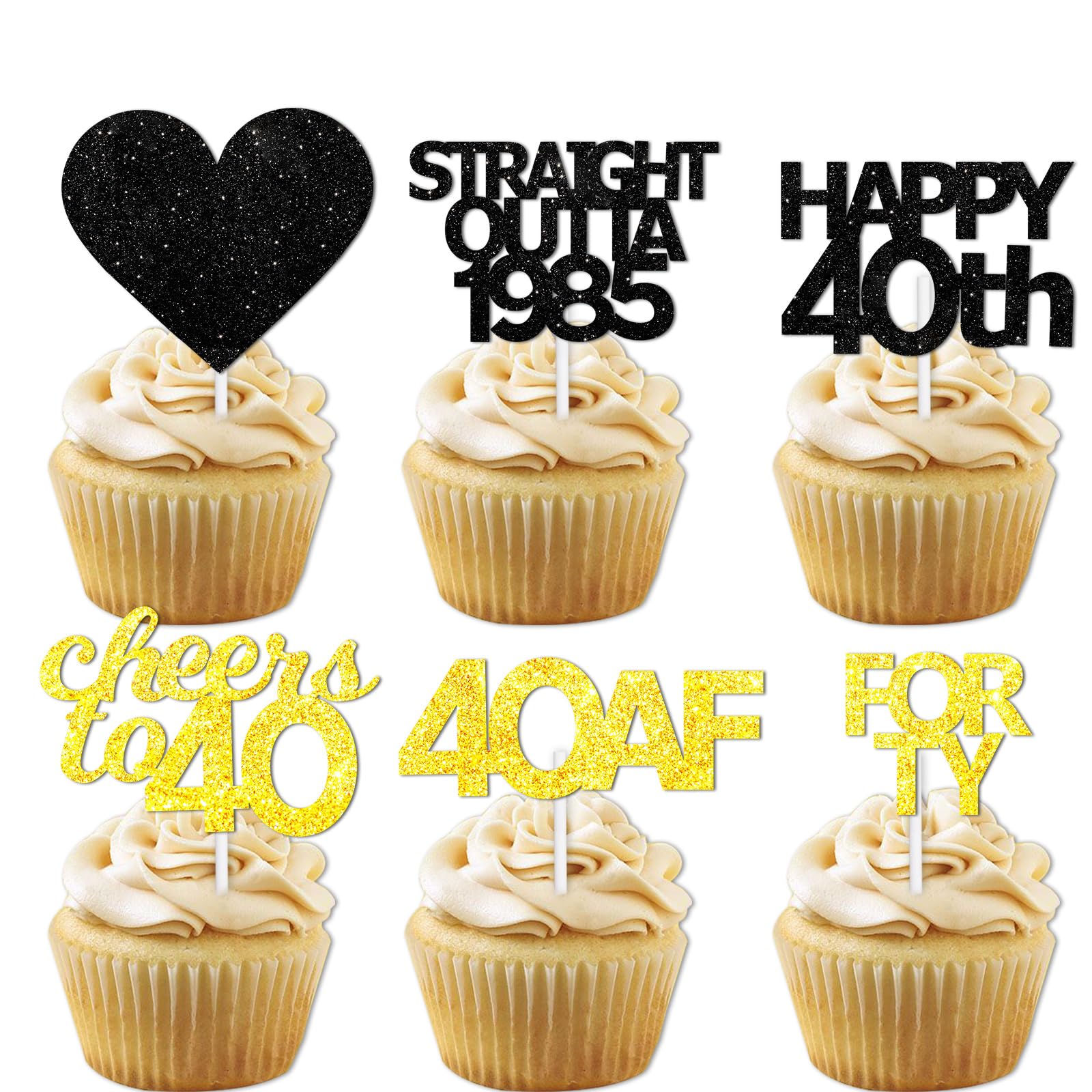 18pcs Black Gold Glitter Dessert Cupcake Pick for Straight Outta 1985 Cheer to 40 Years Old Theme Decor Supplies Happy 40th Birt