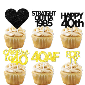 18pcs Black Gold Glitter Dessert Cupcake Pick for Straight Outta 1985 Cheer to 40 Years Old Theme Decor Supplies Happy 40th Birt