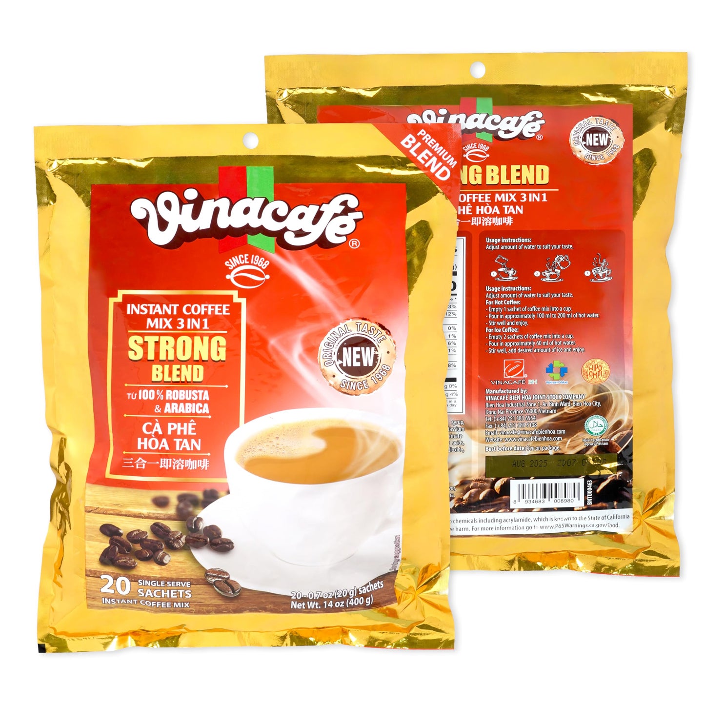 Vinacafe 3 in 1 Instant Coffee Sachets, Strong Rich Blend, 20 Count Pack