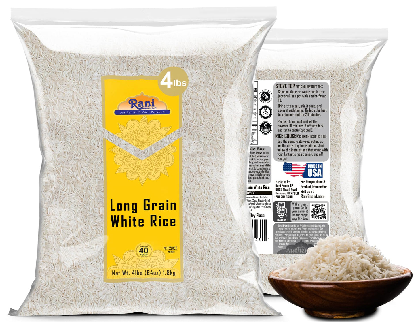 Rani Long Grain White Rice 64Oz (4Lbs) 1.81Kg Bulk ~ All Natural | Gluten Friendly | Vegan | Non-Gmo | Kosher | Product Of Usa