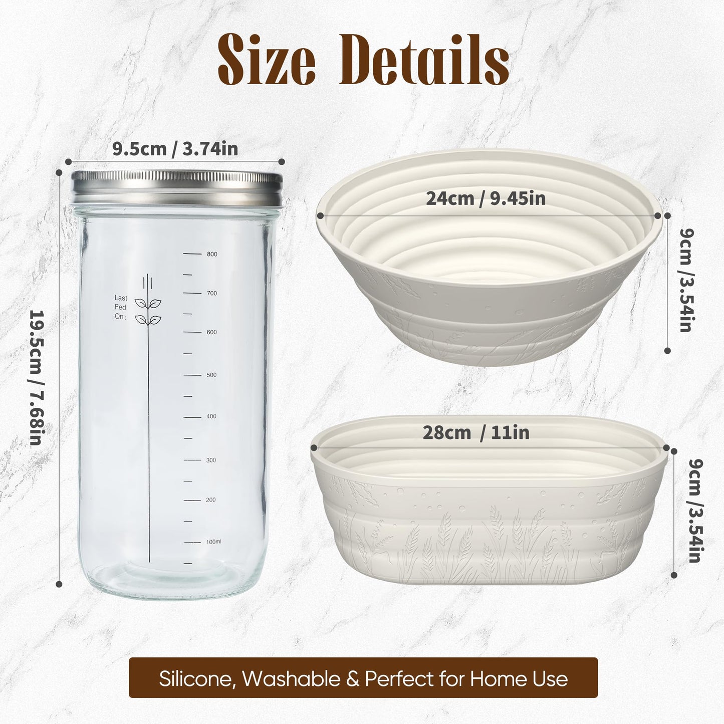 BICRET Sourdough Starter Kit – Complete Baking Supplies, 2 Silicone Proofing Baskets, Baking Mat, White, Model FJ-3-4C