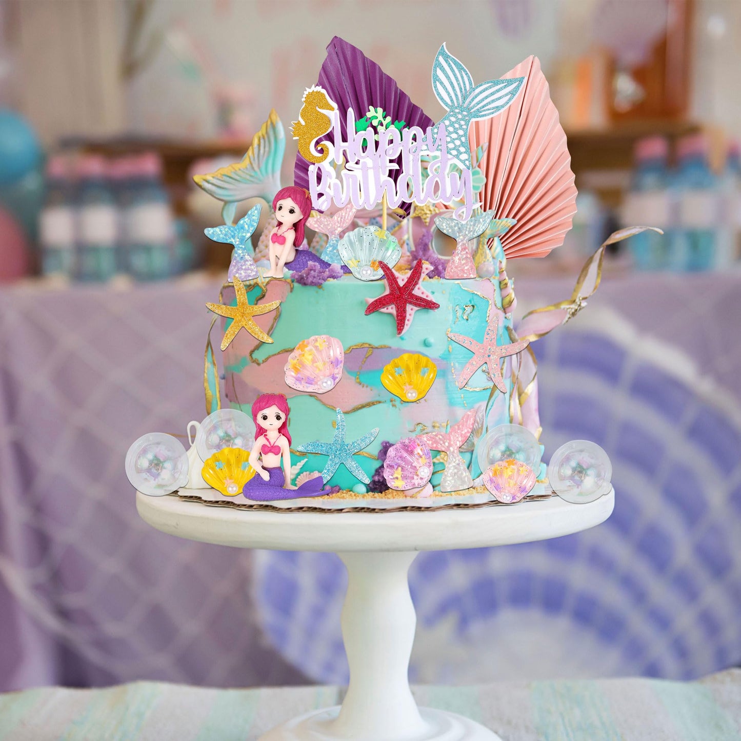 Gyufise 27Pcs Mermaid Under The Sea Cake Toppers Kit Little Resin 3D Mermaid Palm Leaves Bubble Starfish Shell Mermaid Tail Cupc