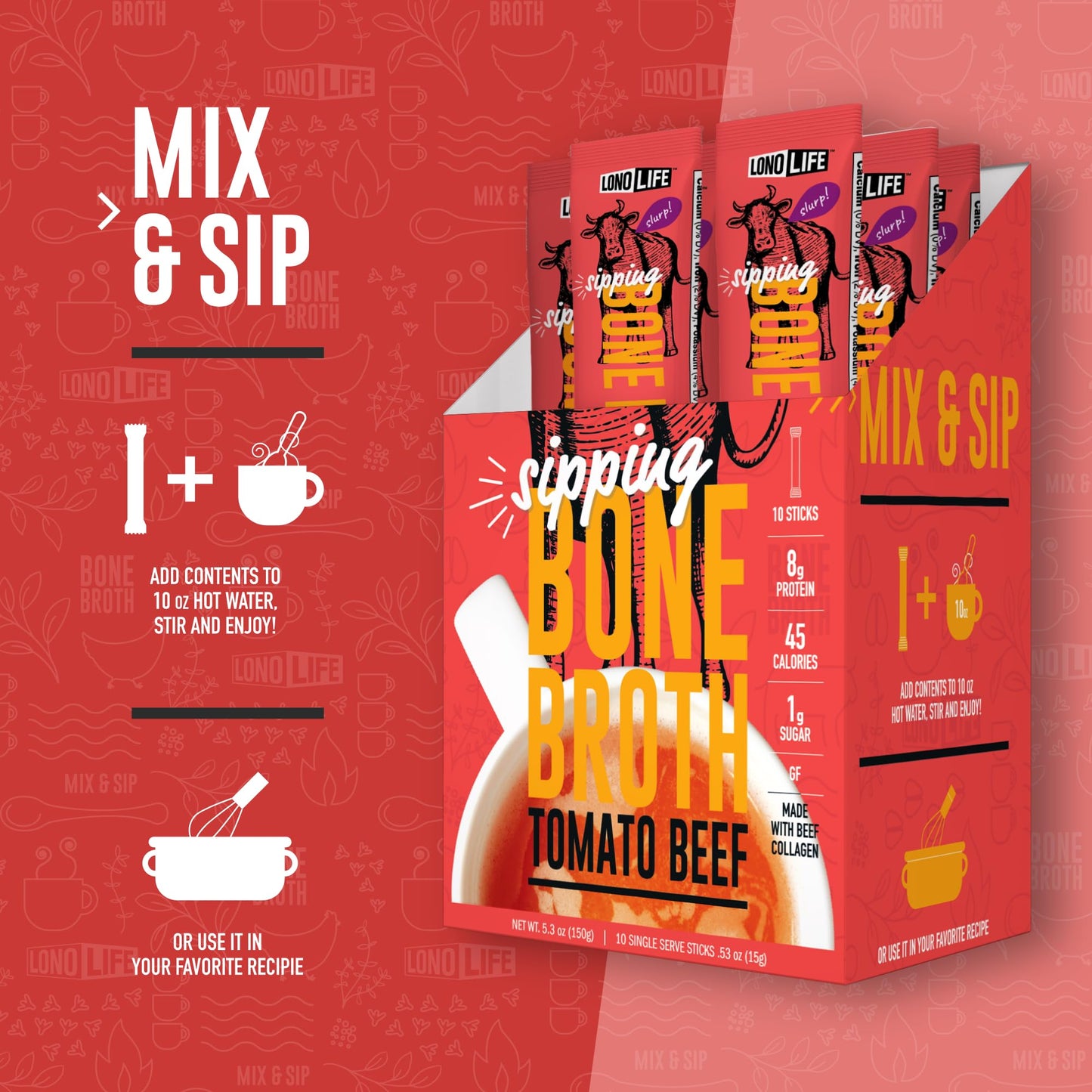 LonoLife Tomato Beef Bone Broth Powder Mix, Grass-Fed, 10g Protein, 4 Stick Packs, Keto & Paleo Friendly