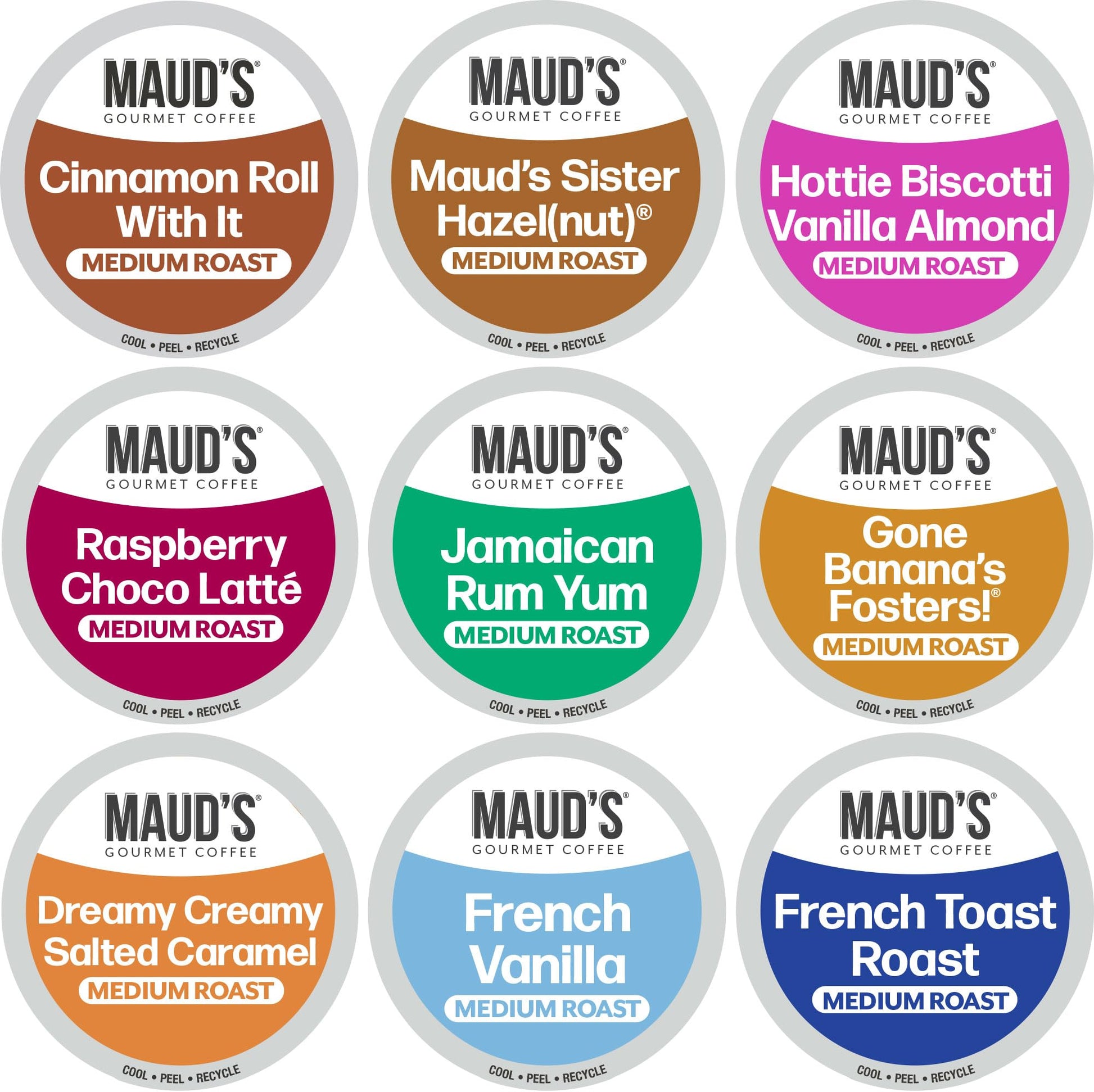 Maud s Flavored Coffee Pods Variety Pack, 40 ct, 9 Assorted Flavors, Medium Roast Flavored Coffee in Recyclable Single Serve Po