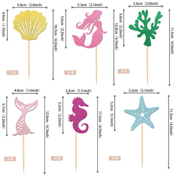 24 Pcs Glitter Mermaid Cupcake Toppers With Seahorse Shell Mermaid Tail Star Seaweed Baby Shower Cupcake Picks For Under The Sea