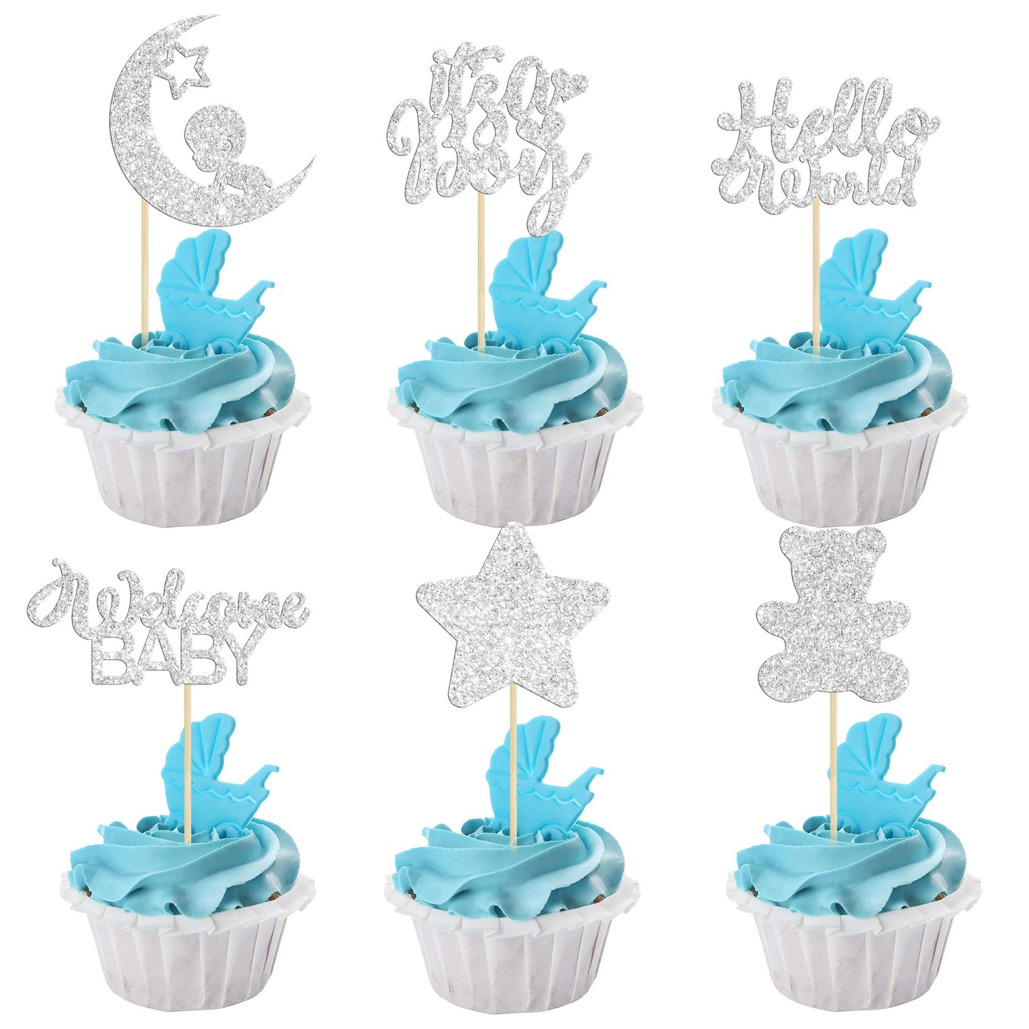 Gyufise 24Pcs It S A Boy Cupcake Toppers With Moon Star Bear Baby Shower Gender Reveal Cupcake Picks Decorations For Baby Shower Kids Boys Birthday Party Cake Decorations Supplies Silver Glitter