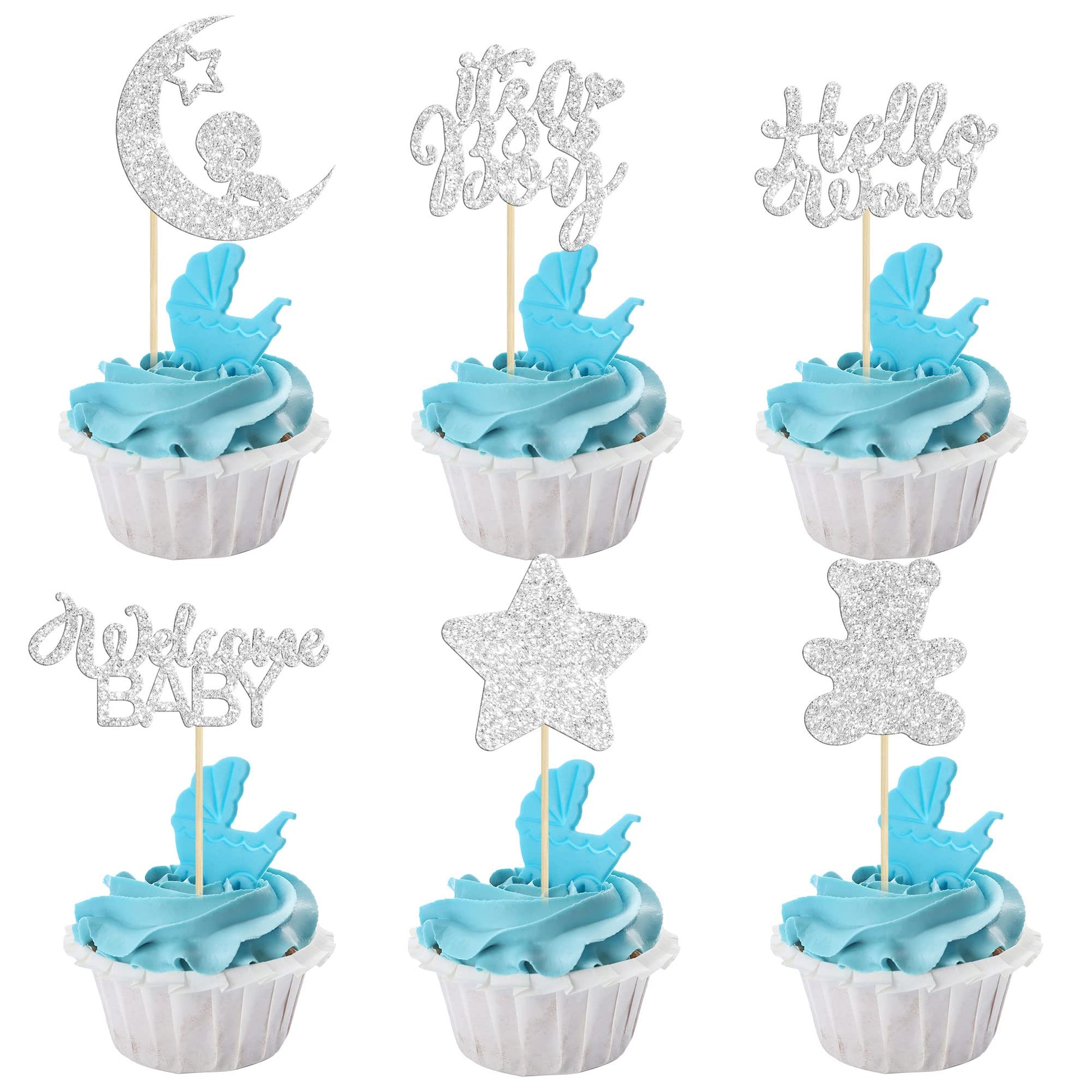 Gyufise 24Pcs It S A Boy Cupcake Toppers With Moon Star Bear Baby Shower Gender Reveal Cupcake Picks Decorations For Baby Shower Kids Boys Birthday Party Cake Decorations Supplies Silver Glitter