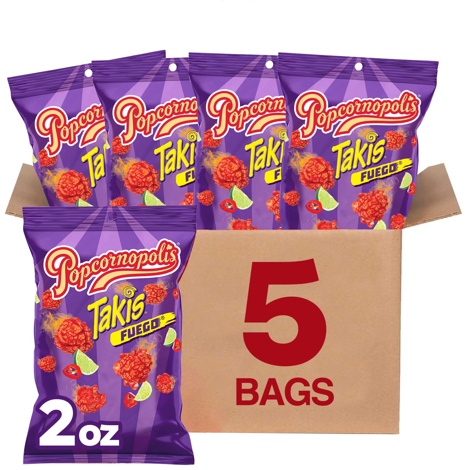Popcornopolis Fuego Takis 5 Ct  2 Oz Case  Hot Chili Pepper & Lime Flavored Extreme Savory Popcorn