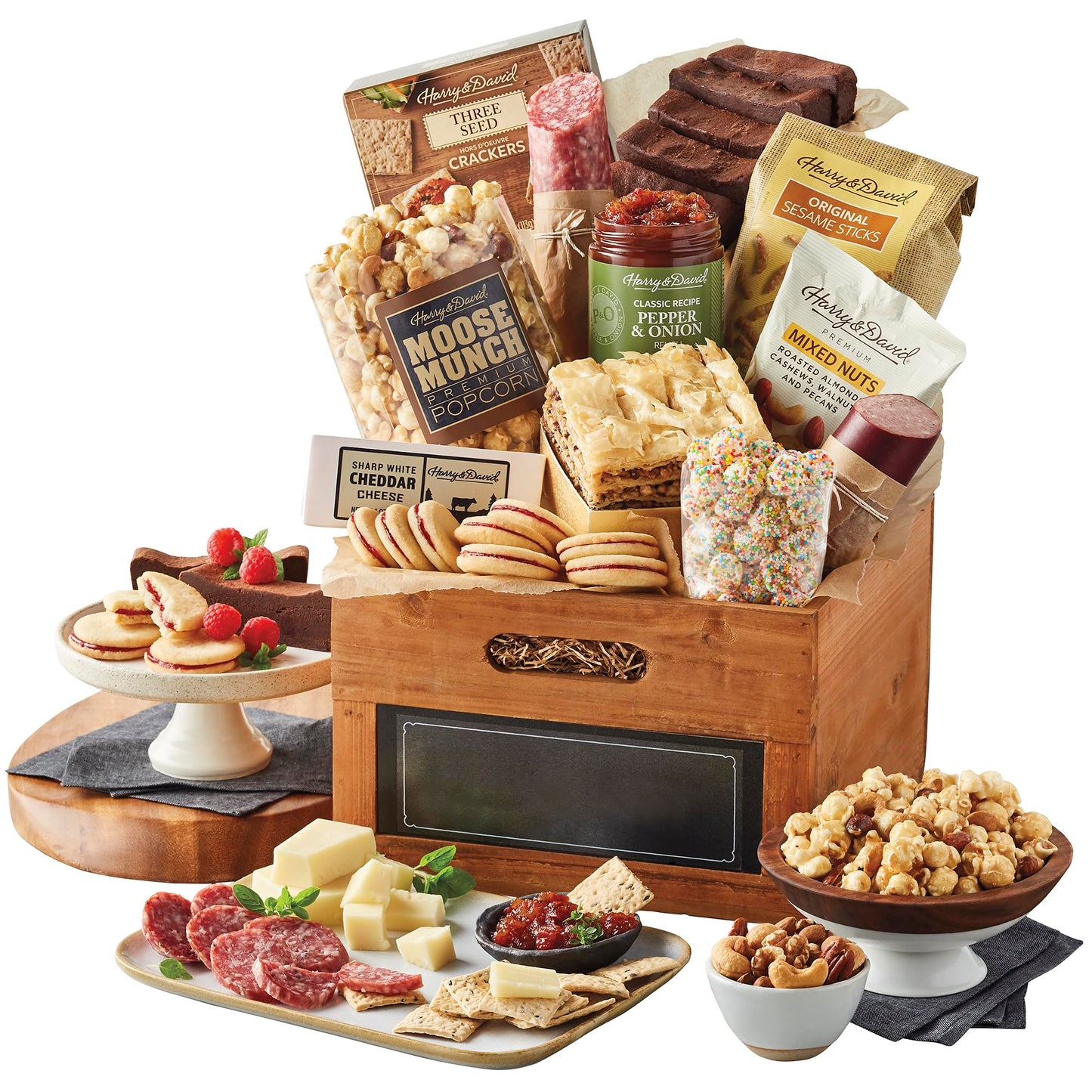Harry & David Deluxe Everyday Sharing Gift Basket For All Occasions  Food Gift Baskets With Popcorn  Salami  Sausage  Cheese  Breakers  Nuts  Sesame Sticks  Baklava  Rainbow Gummies And Chocolate Cake