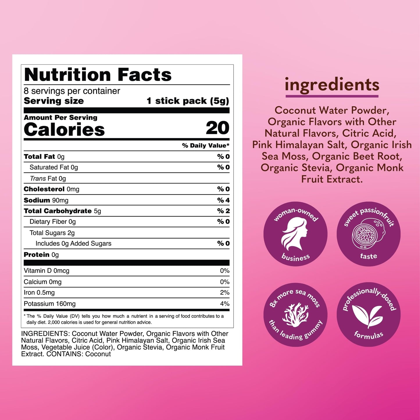 Copina Co. Organic Irish Sea Moss Powder - Passion Fruit Flavor, 8 Stick Packs, 200mg Each for Gut Health and Hydration