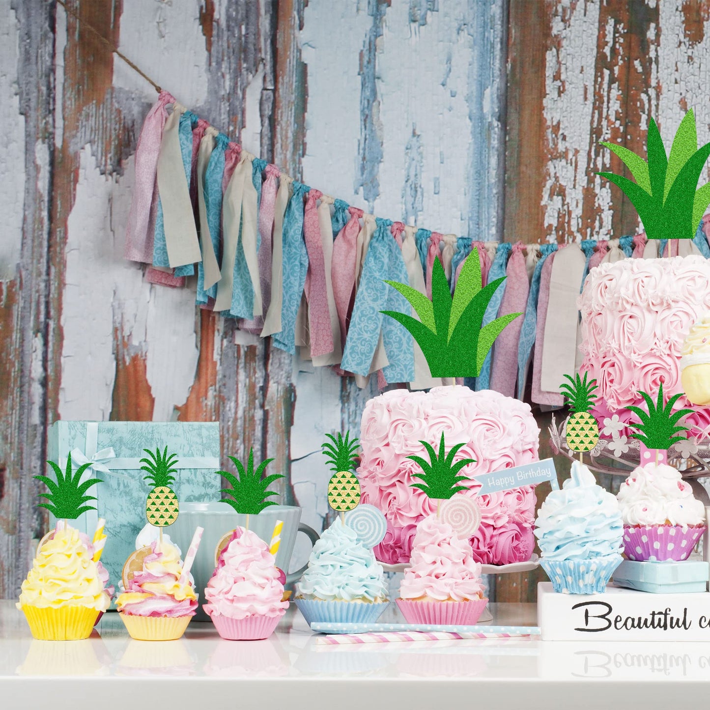 Gyufise 1Pcs Pineapple Cake Topper 20Pcs Pineapple Donut Cupacke Toppers Glitter Hawaiian Luau Aloha Summer Tropical Theme Baby