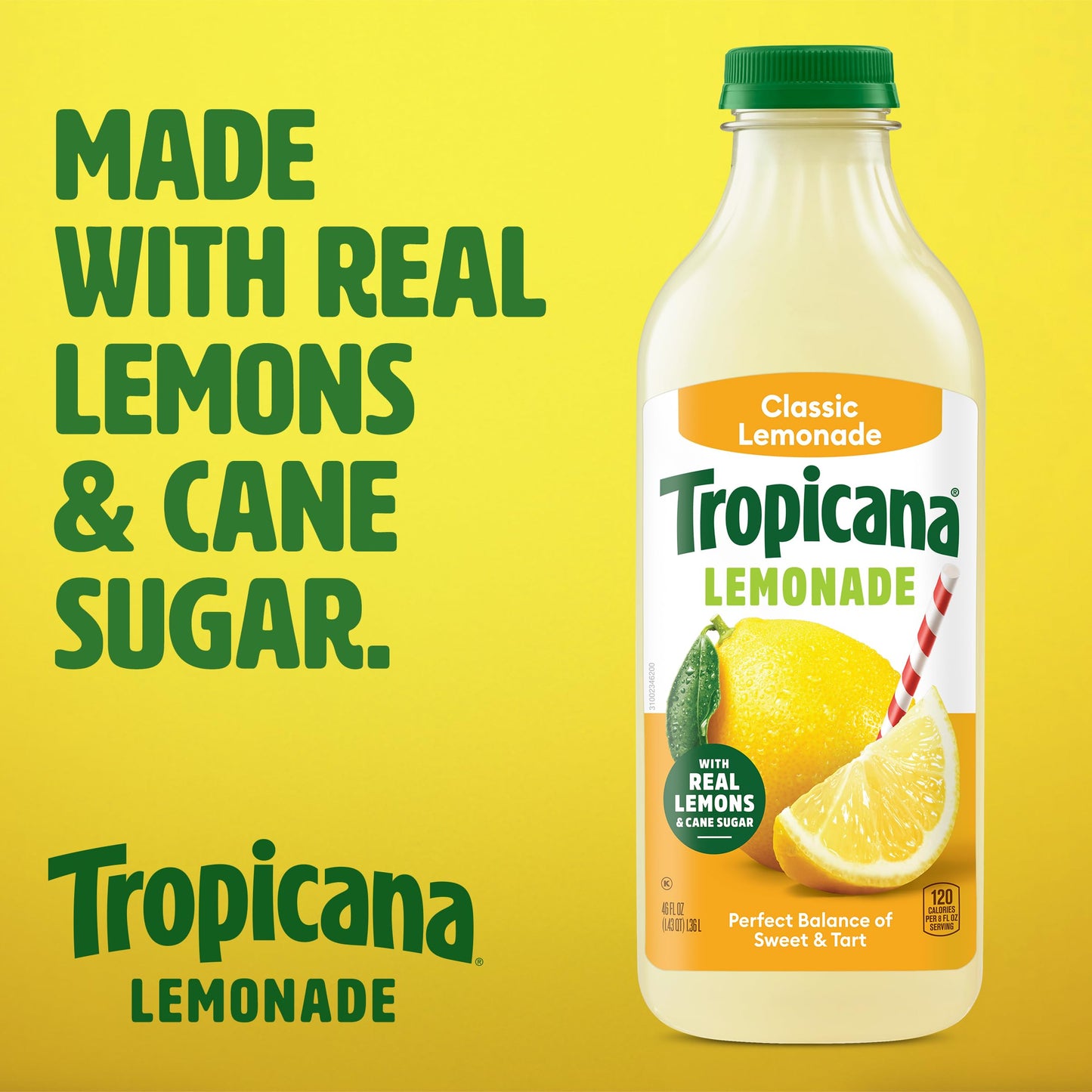 Tropicana Classic Lemonade, Made with Real Lemons, 46 fl oz Bottle