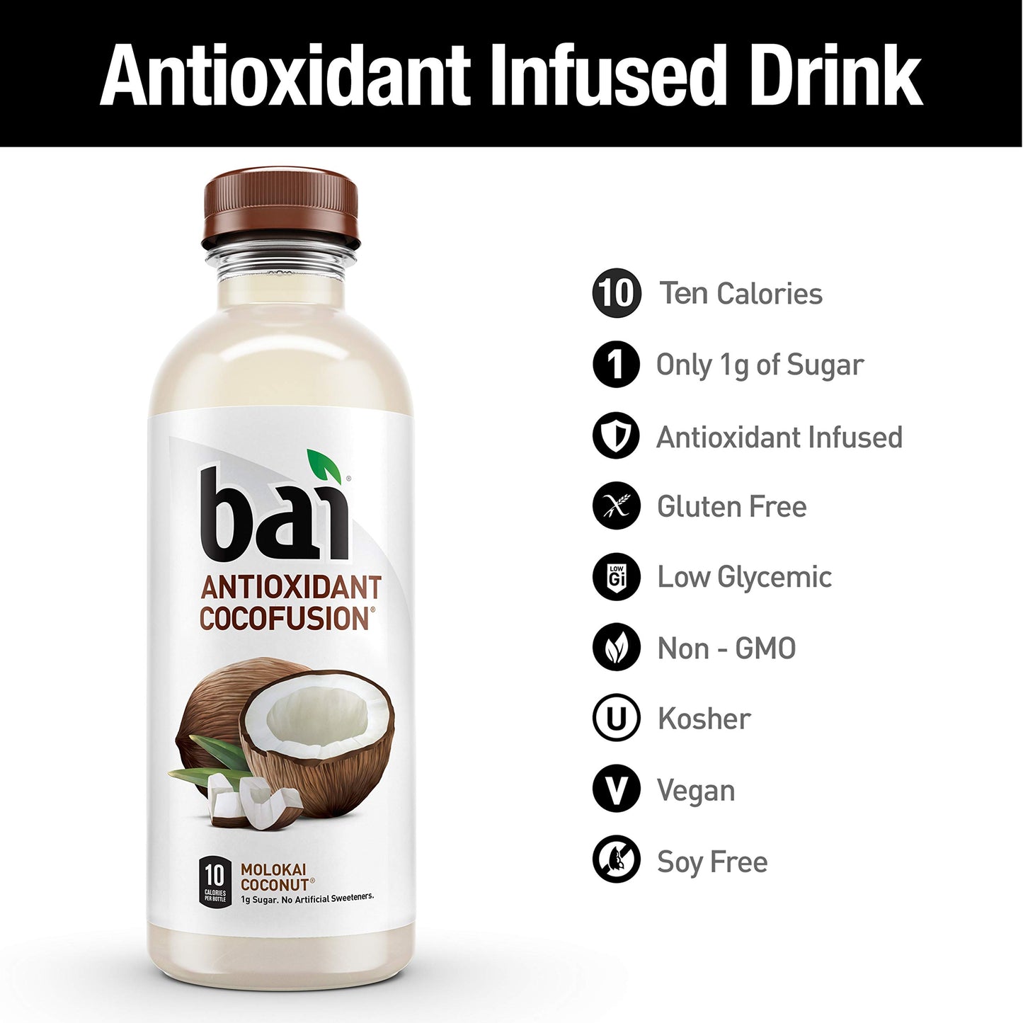 Bai Coconut Flavored Water, Antioxidant Infused, 18 Fl Oz Bottles, Molokai Coconut, 12 Count, Model 10137060