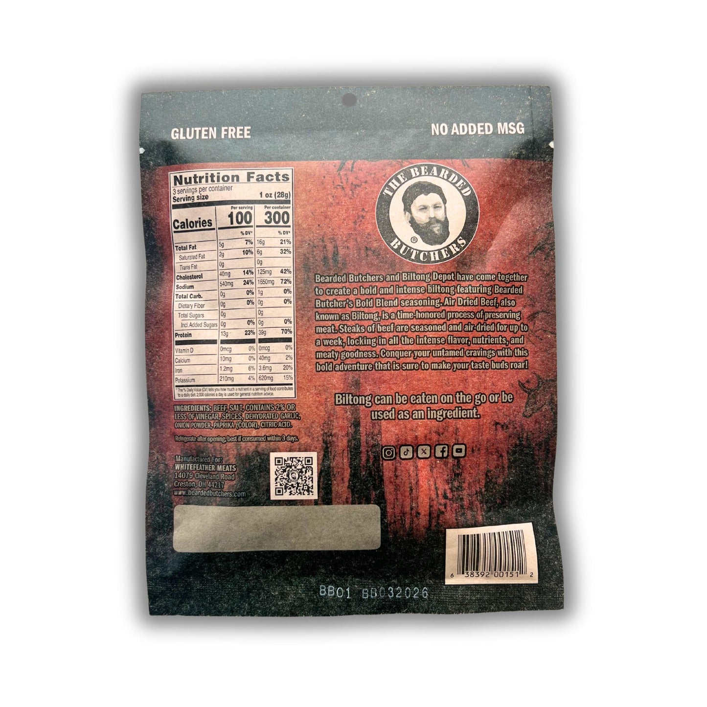 Bearded Butcher Bold Blend Biltong, Air-Dried Beef Snack, High Protein, Gluten-Free, 3 oz (Pack of 12)
