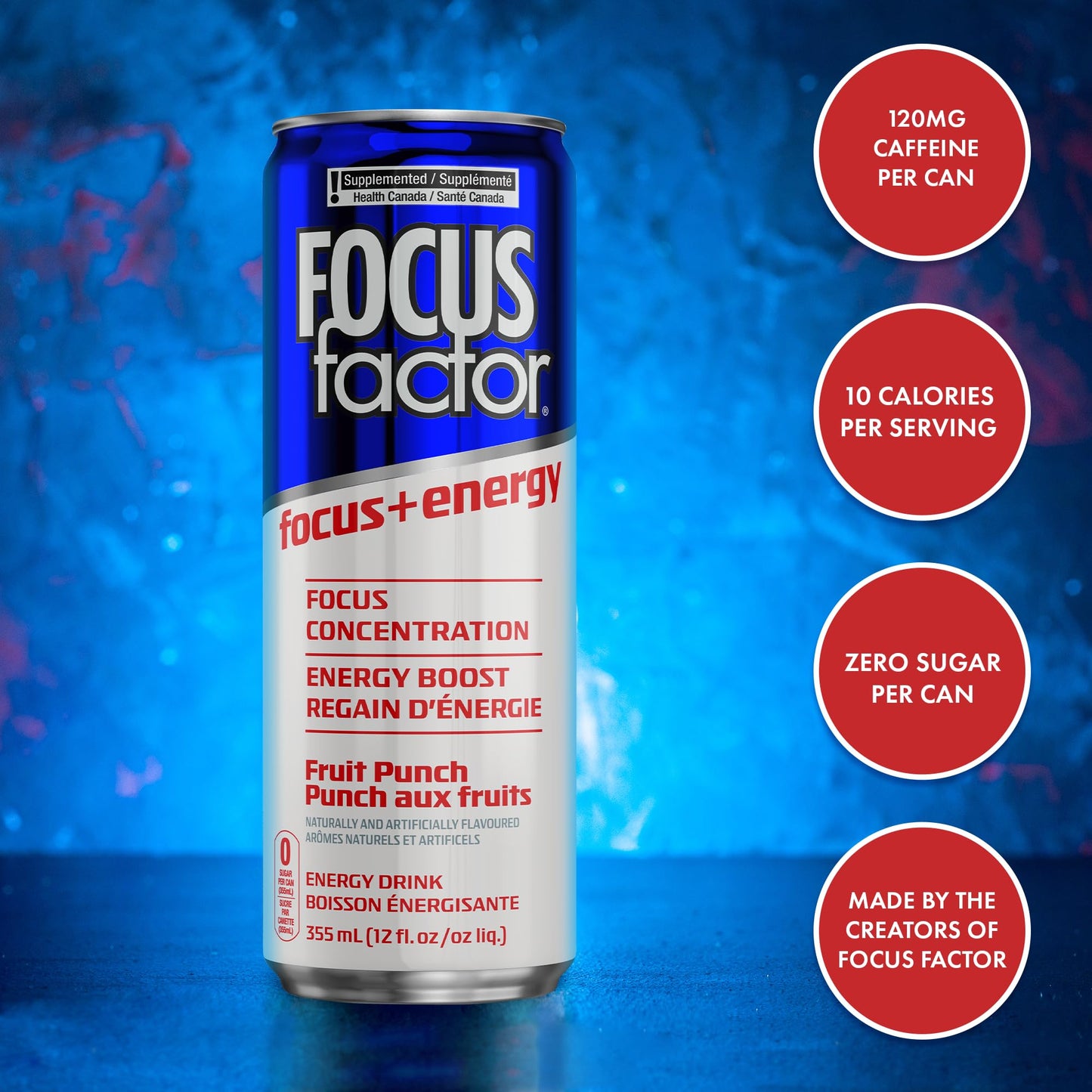 Focus Factor Energy Drink - Fruit Punch - 12 x 355ml Cans - Sugar Free, Low Calorie, Lightly Carbonated - Red