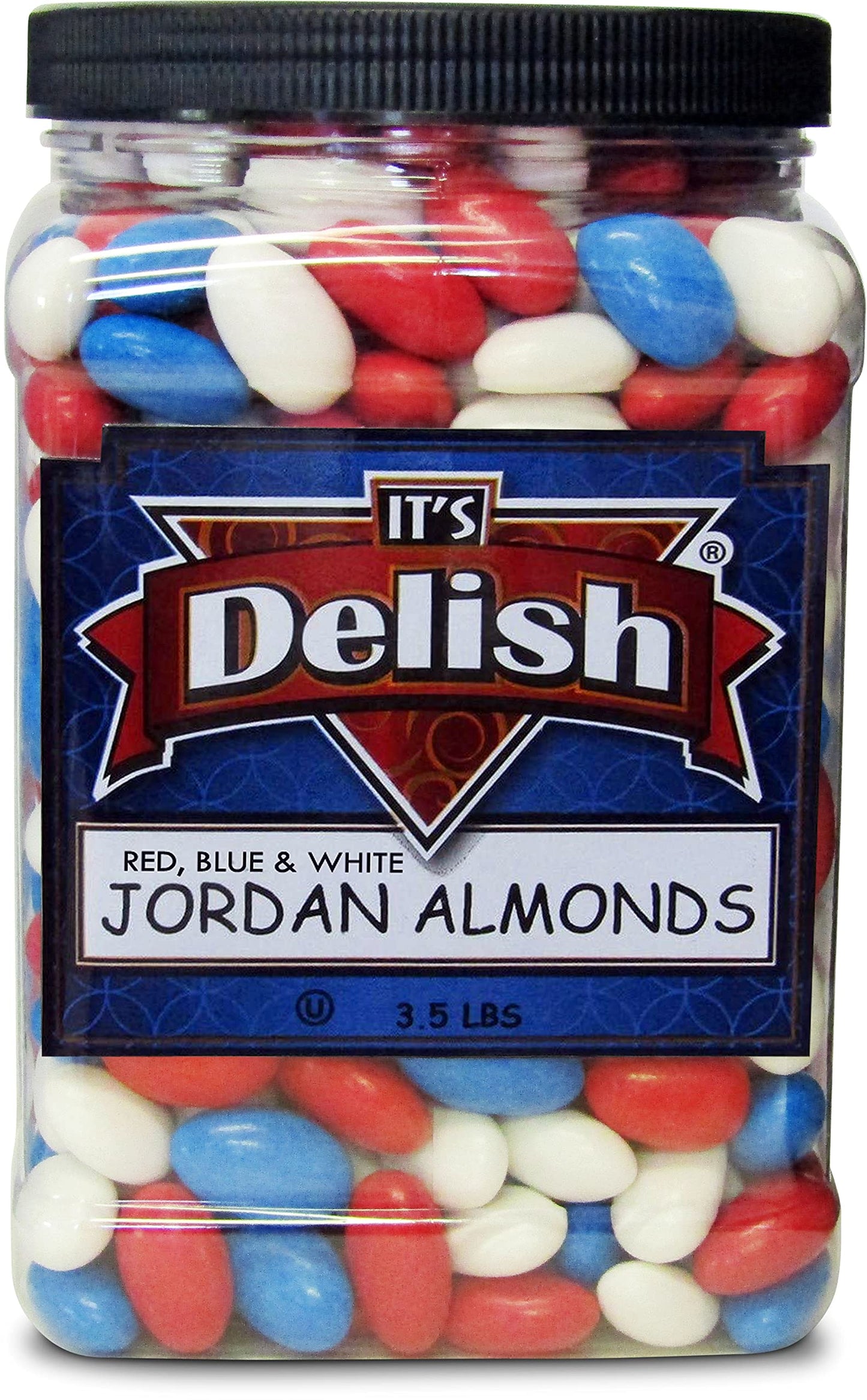 Patriotic Jordan Almonds Medley By Its Delish, 3.5 Lbs Jumbo Container | Red White And Blue Candied Almonds | Fourth Of July Par