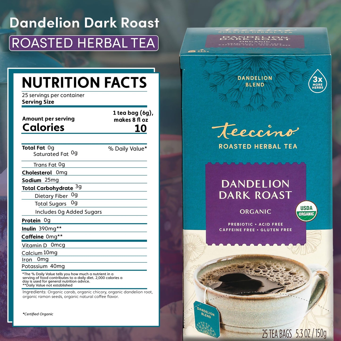 Teeccino Dark Roast Dandelion Tea - Caffeine-Free Herbal Tea, 25 Tea Bags, Prebiotic with refreshing Dandelion Root
