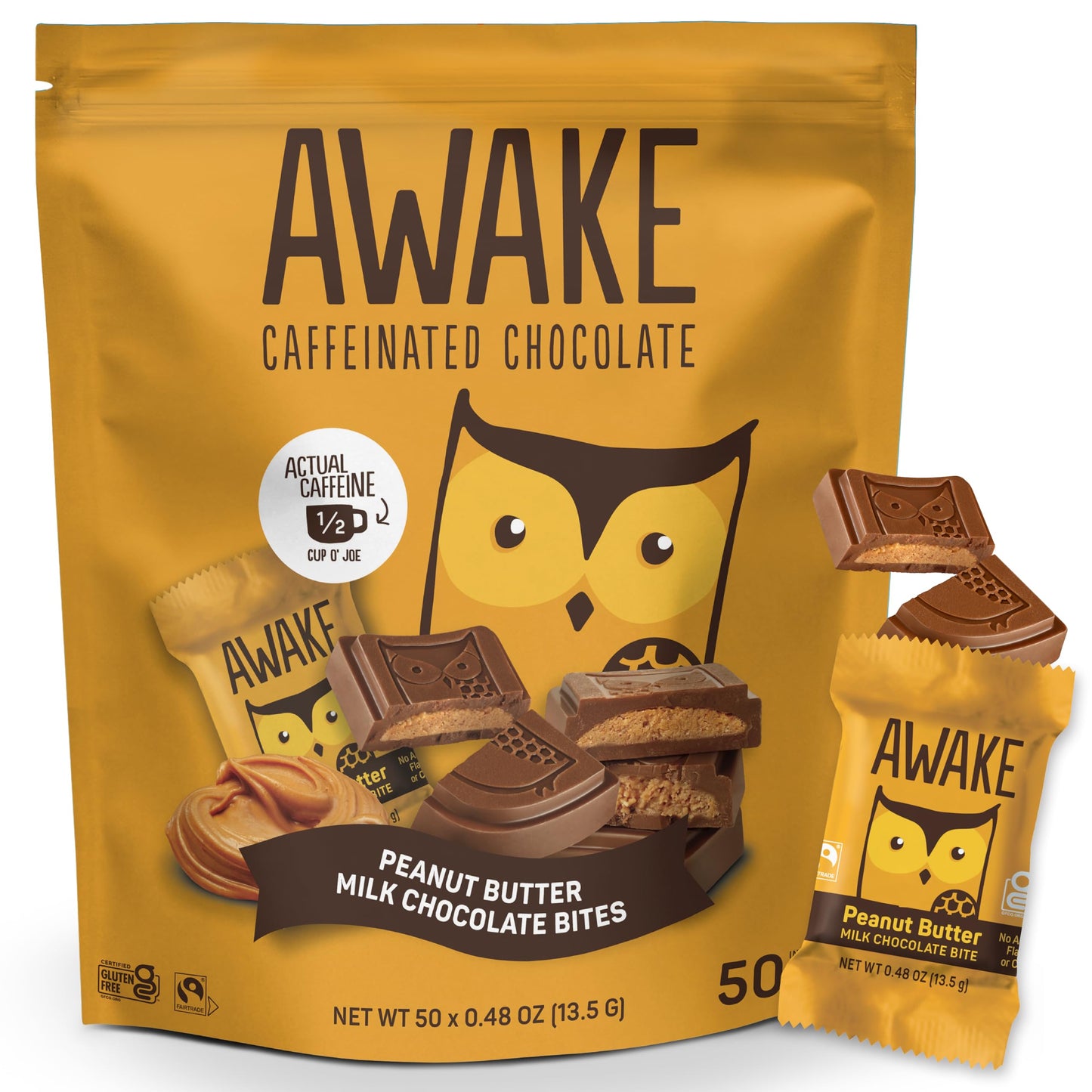 AWAKE Caffeinated Chocolate Bites - Peanut Butter Milk Chocolate, 50 Count, Gluten Free, Non GMO, Wrapped Energy Bites, Orange