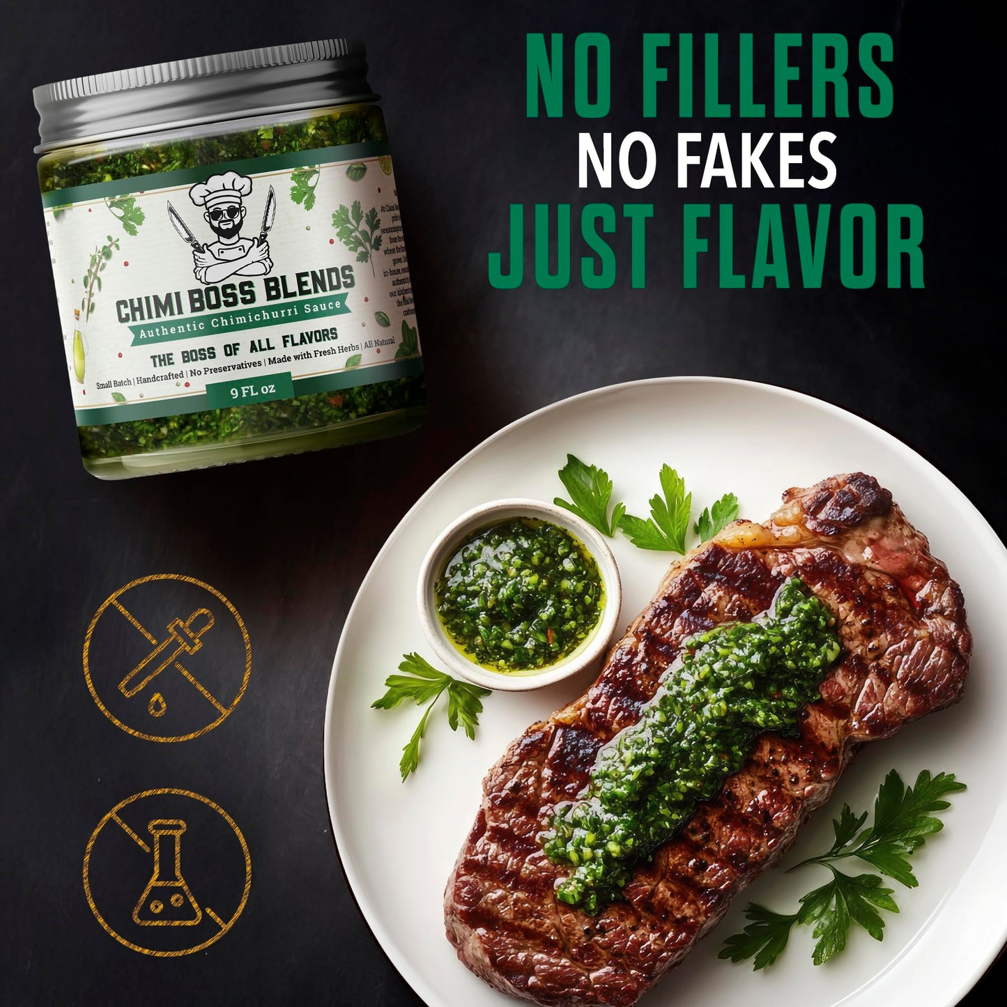 Chimi Boss Chimichurri Original Sauce, 9 fl oz - Authentic Argentinian Green Herb Sauce with Fresh Parsley, Garlic & Spices - Al