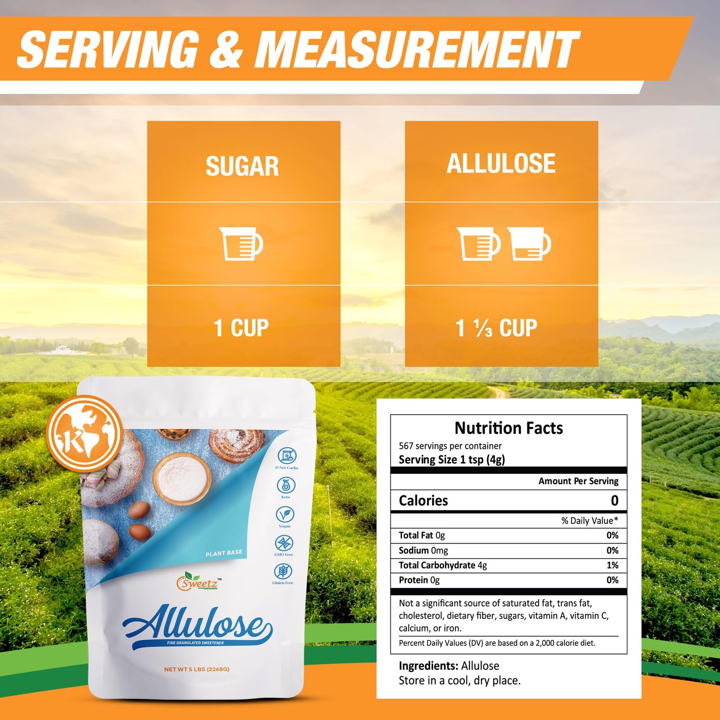 Allulose All Purpose Sweetener; Total Servings 567; Zero Calorie Sweetener, Sugar-Free Substitute For Baking, Smoothies, Coffee;