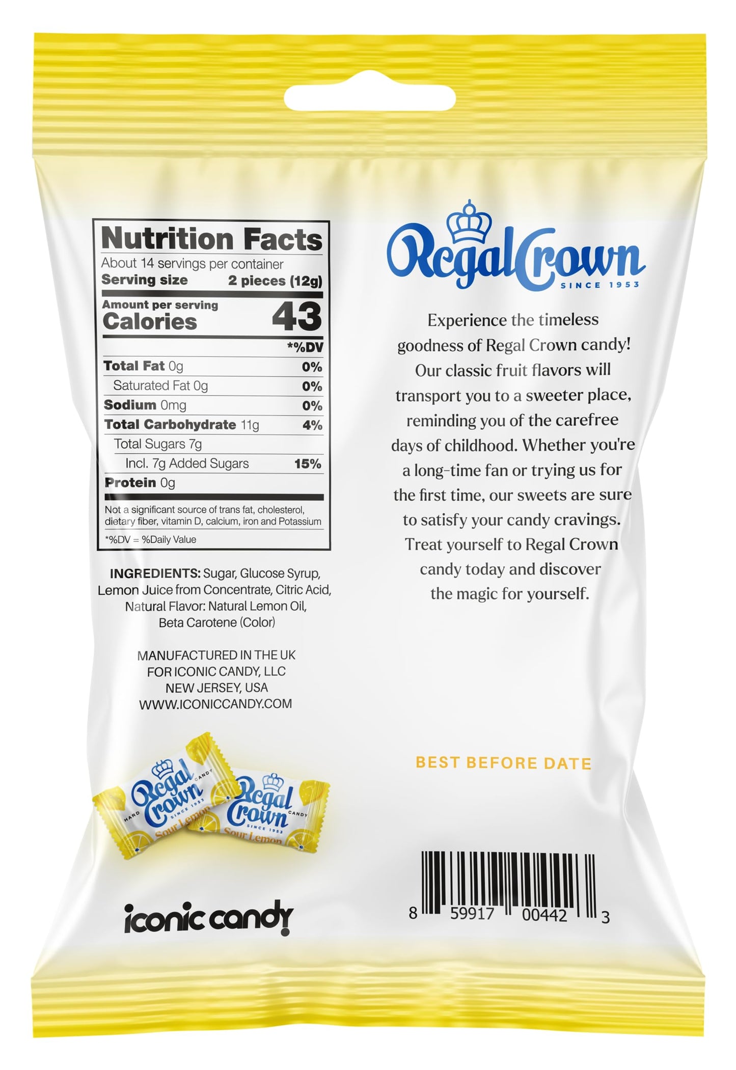Regal Crown Sour Lemon Hard Candy | Old Fashioned Sour Lemon Candy | Traditional Lemon Candy Brought To You By Iconic Candy | 6.