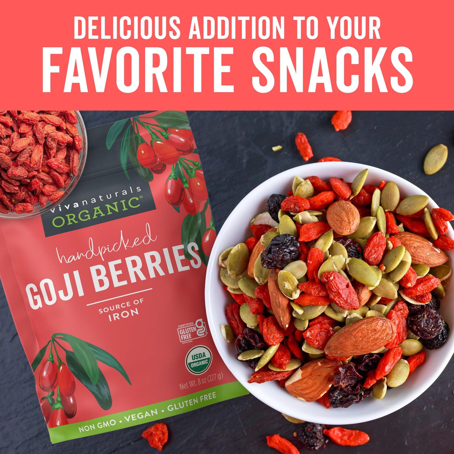 Viva Naturals Organic Dried Goji Berries, 8 oz Non-GMO & Vegan, Perfect for Smoothies, Baking, Tea & Snacks