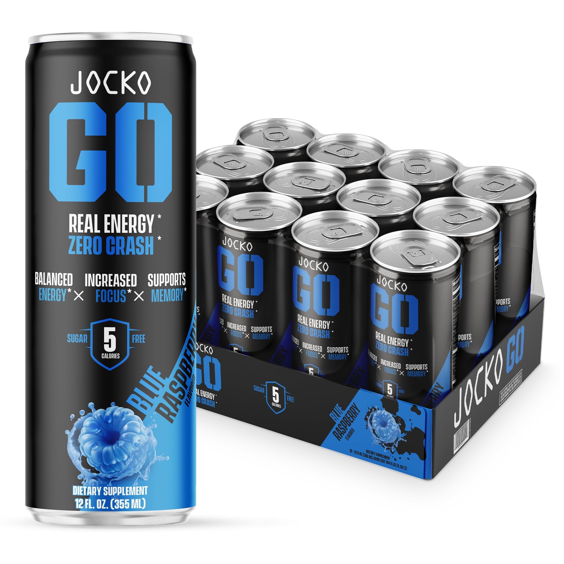 Jocko Fuel Blue Raspberry Energy Drink, 0 Sugar, 95mg Caffeine, 12 Pack, 144 Fl Oz