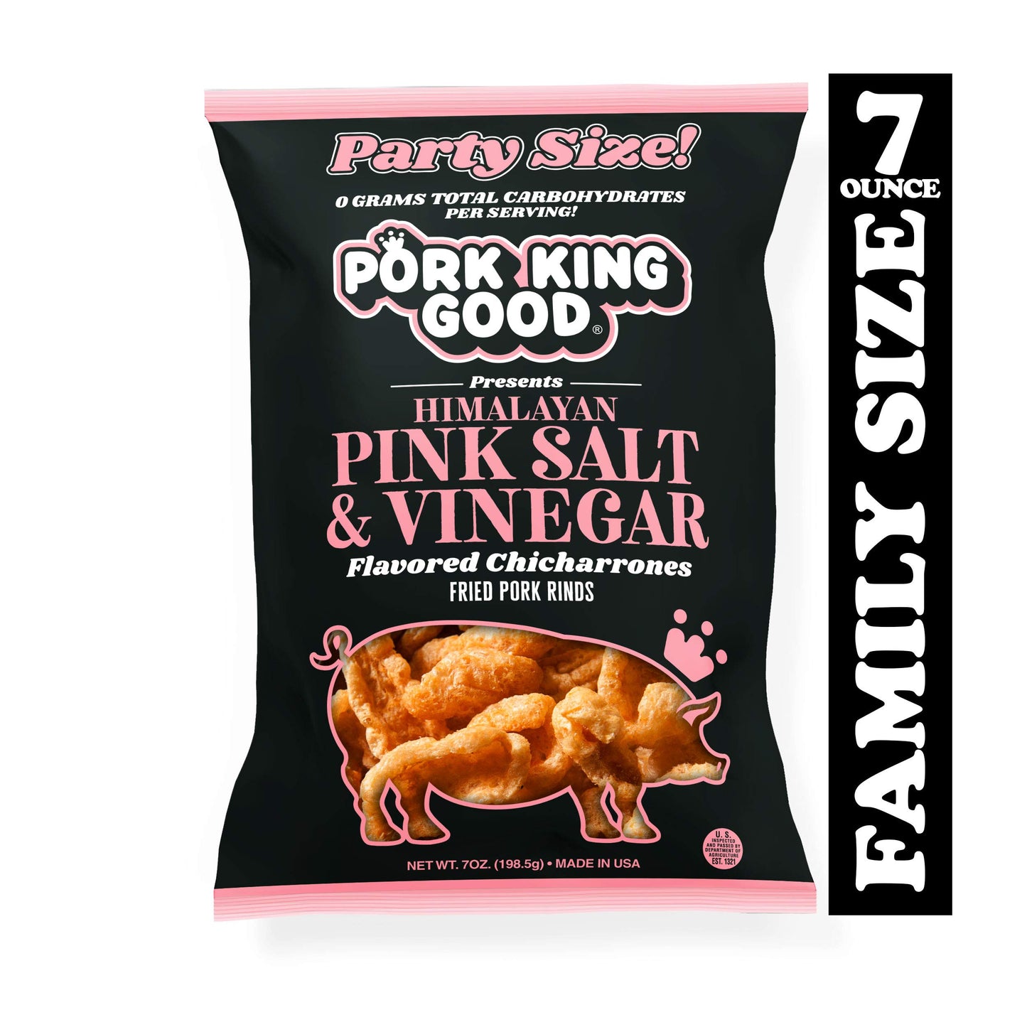 Pork King Good Pork Rinds - Himalayan Pink Salt & Vinegar, 7 OZ Family Size, Keto-Friendly Chicharrones