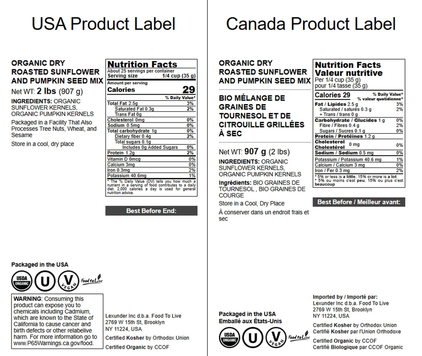 Food to Live Organic Dry Roasted Sunflower and Pumpkin Seed Mix, 2 Pounds - Oven Roasted, No Oil added, Healthy, Natural Snack,