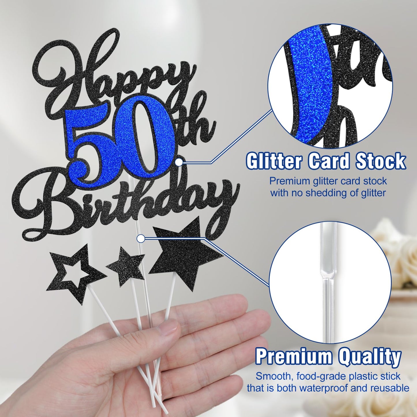 Happy 50Th Birthday Cake Toppers, Black Blue Glitter Cake Decorations Set, 50Th Birthday Decor, Birthday Anniversary Party Decor
