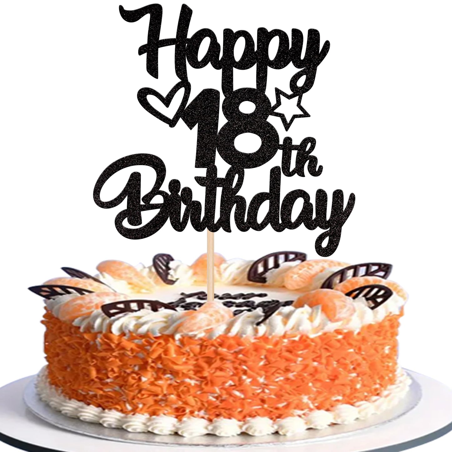 YCTHUNFISH 18th Birthday Cake Topper Glitter Heart Star Black Bamboo Decoration