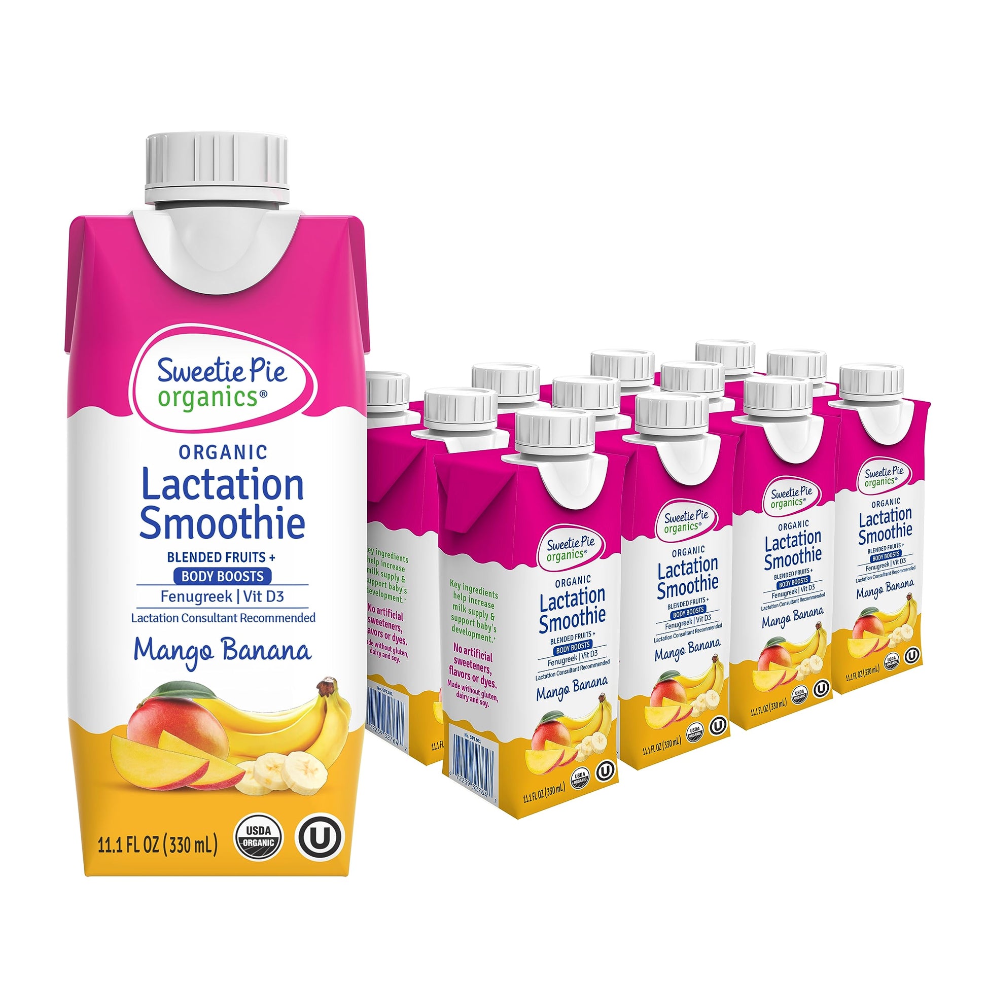 Sweetie Pie Organics Lactation Smoothie, Mango Banana, 11.1 Fl Oz, 12 Pack, No Artificial Sweeteners, Support Breast Milk Production