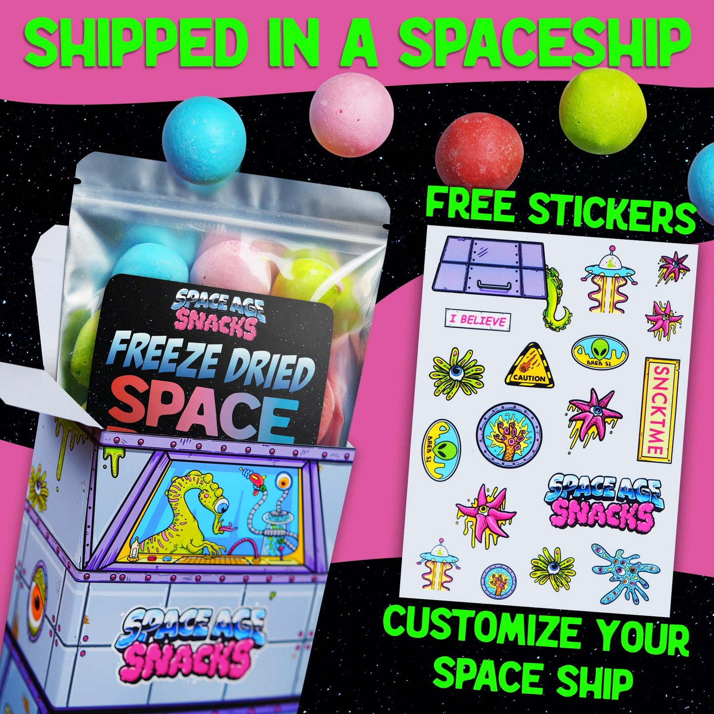 Space Age Snacks Freeze Dried Space Balls - Crunchy Candy with Fun Stickers, 4 Ounces
