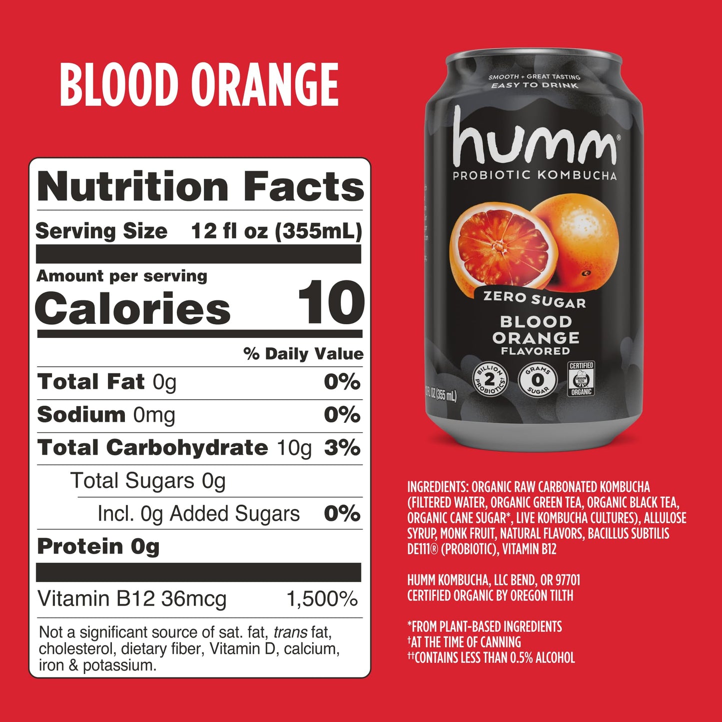 Humm Probiotic Kombucha Zero Sugar Blood Orange, No Refrigeration Needed, Keto Friendly, Organic, Vegan, Gluten Free, 12oz Cans