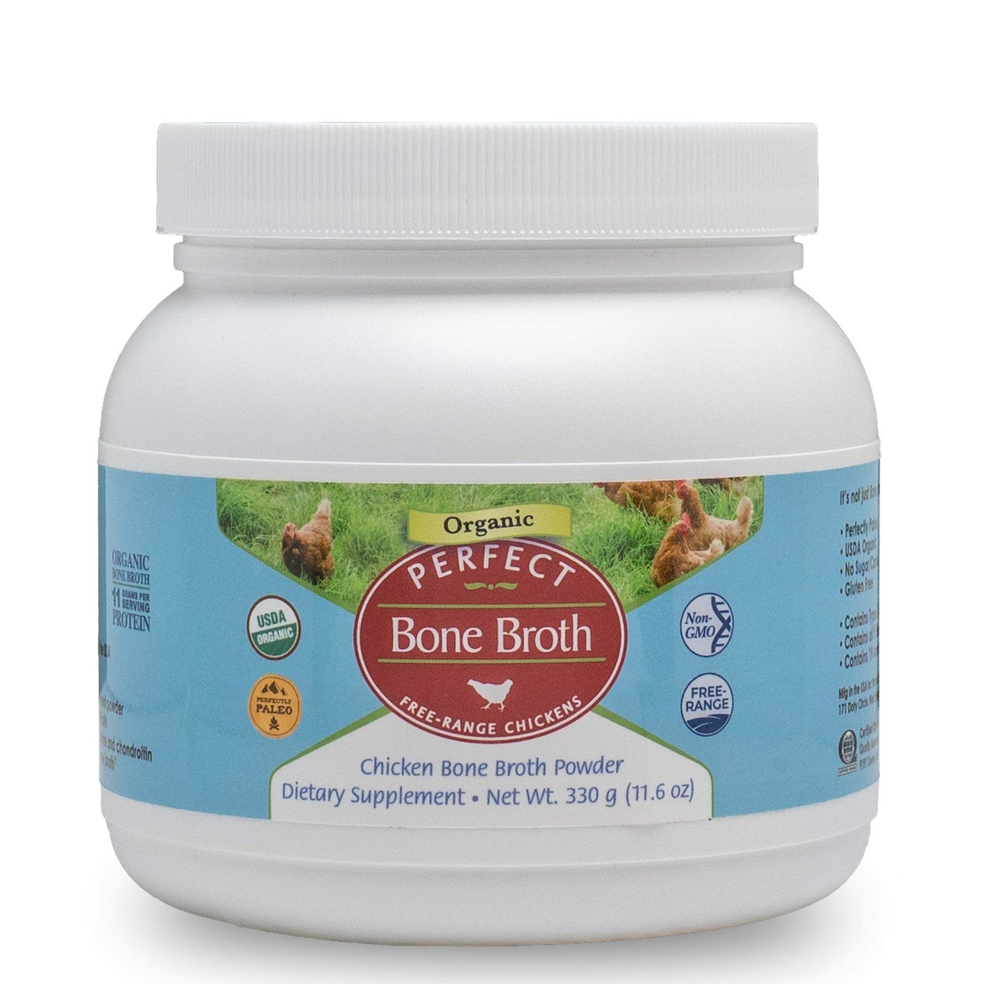 Perfect Organic Chicken Bone Broth Powder | Free Range Low Sodium Chicken Broth | Paleo & Keto Bone Broth Powder (330g) 30 Servi