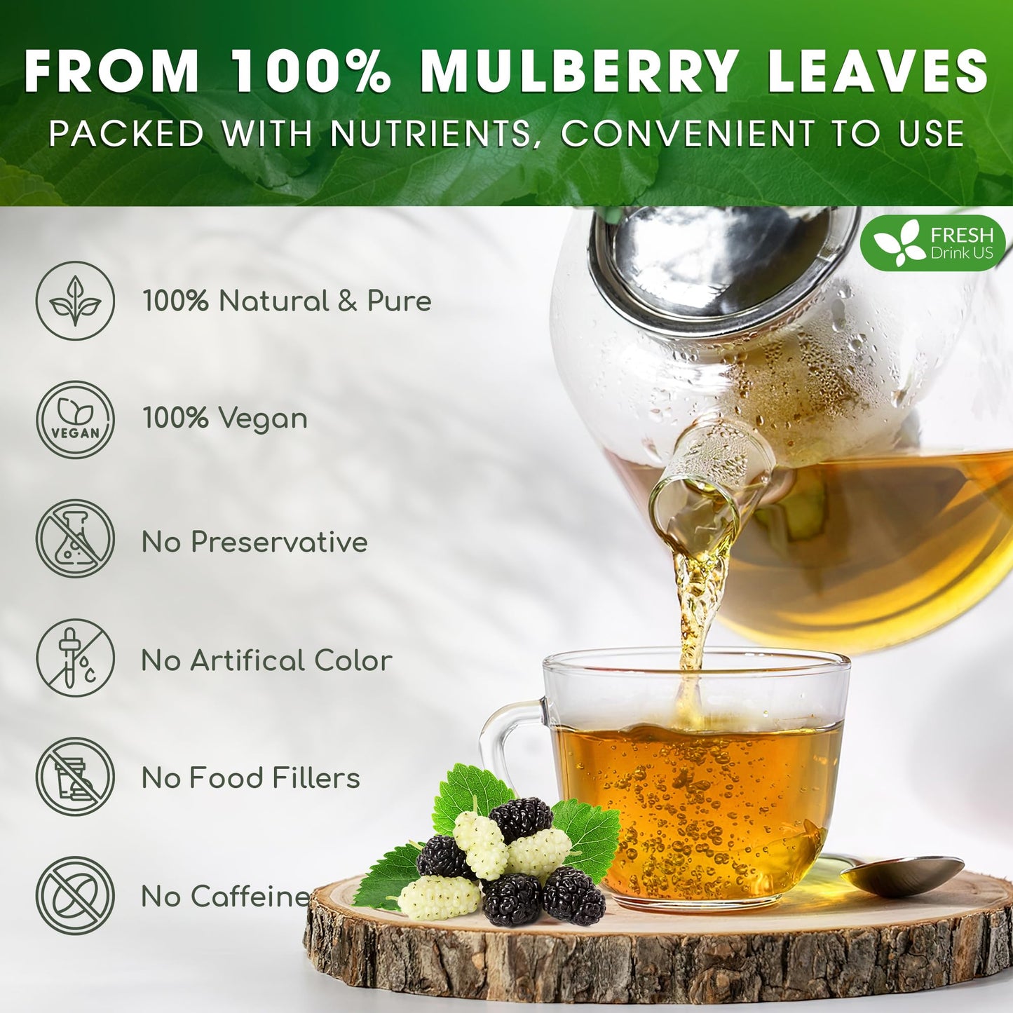 FRESHDRINKUS Premium Mulberry Leaf Tea Bags, 100% Natural, Vegan, 75 Tea Bags