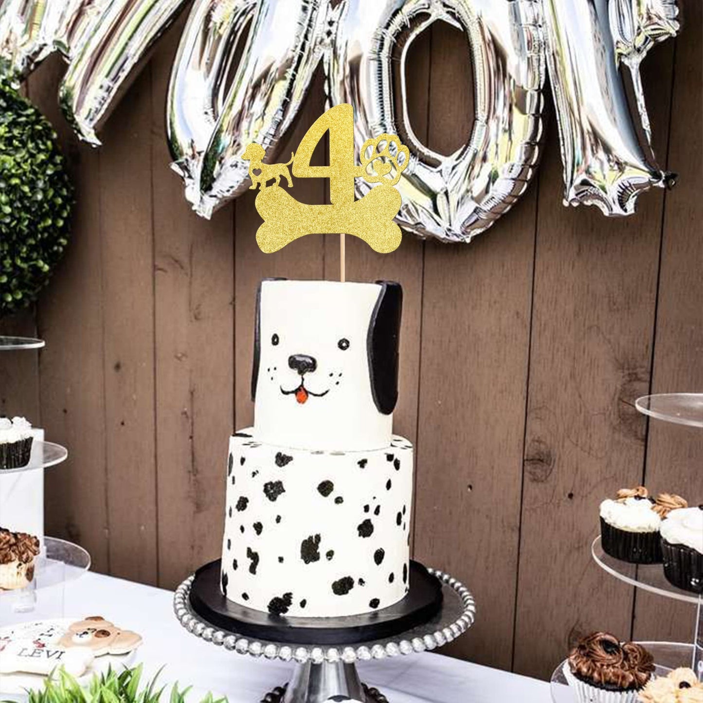 1 Pcs 4Th Birthday Cake Topper With Gold Glitter Dog Bone Four Years Old Birthday Cake Pick Puppy Dog Paw Cake Decorations For L
