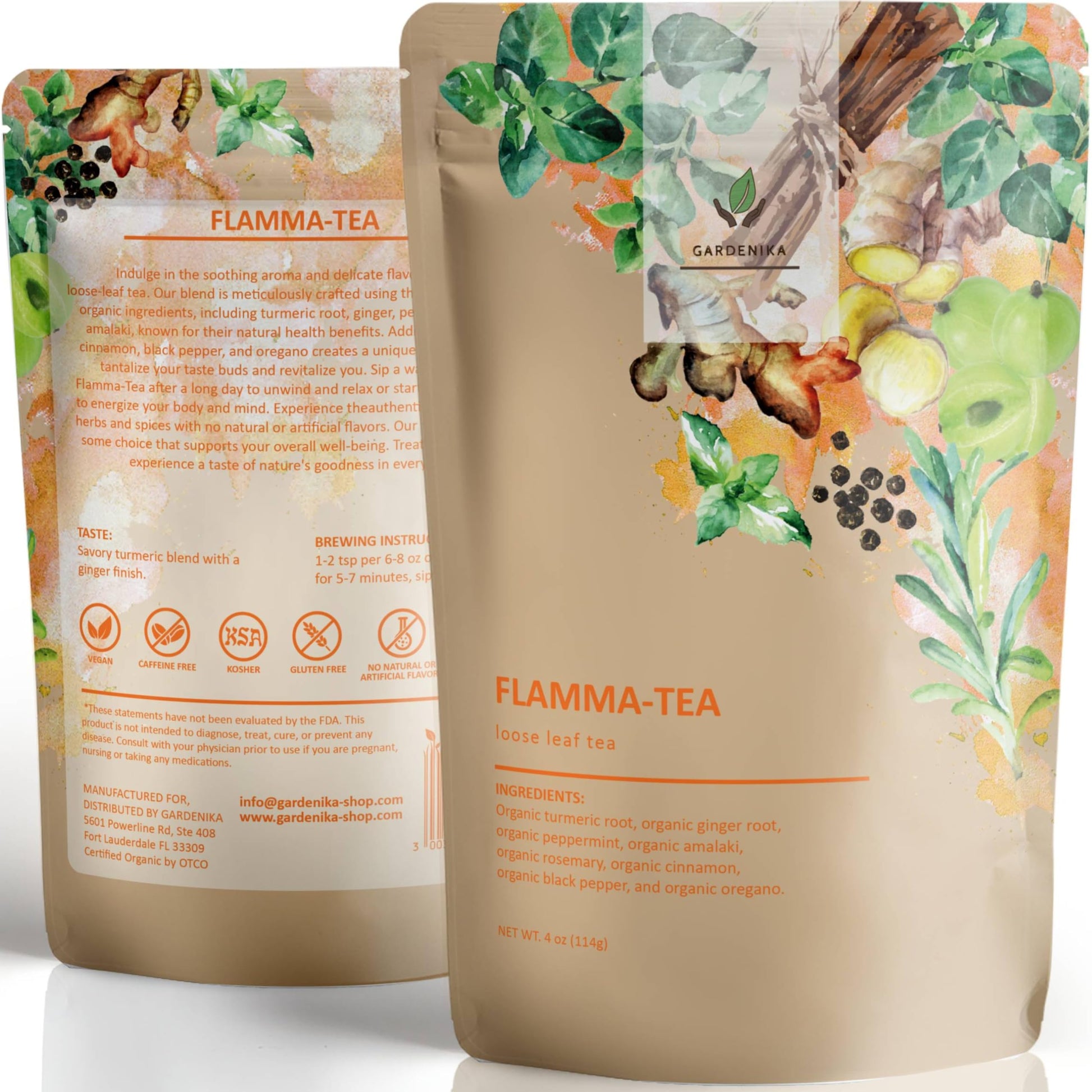 Gardenika Organic Flamma-tea Loose Leaf Tea - Turmeric Ginger Blend, Caffeine Free, 4oz (113g)