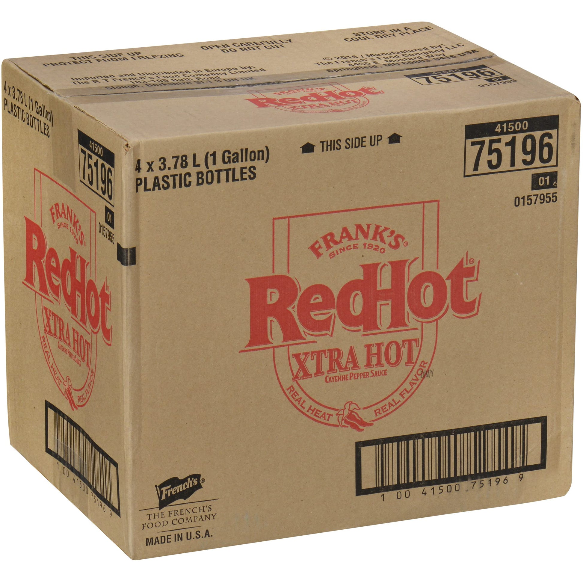 Franks RedHot Xtra Hot Cayenne Pepper Hot Sauce - 1 Gallon (Pack of 4) - Extra Hot for Wings, Pizza, Snacks