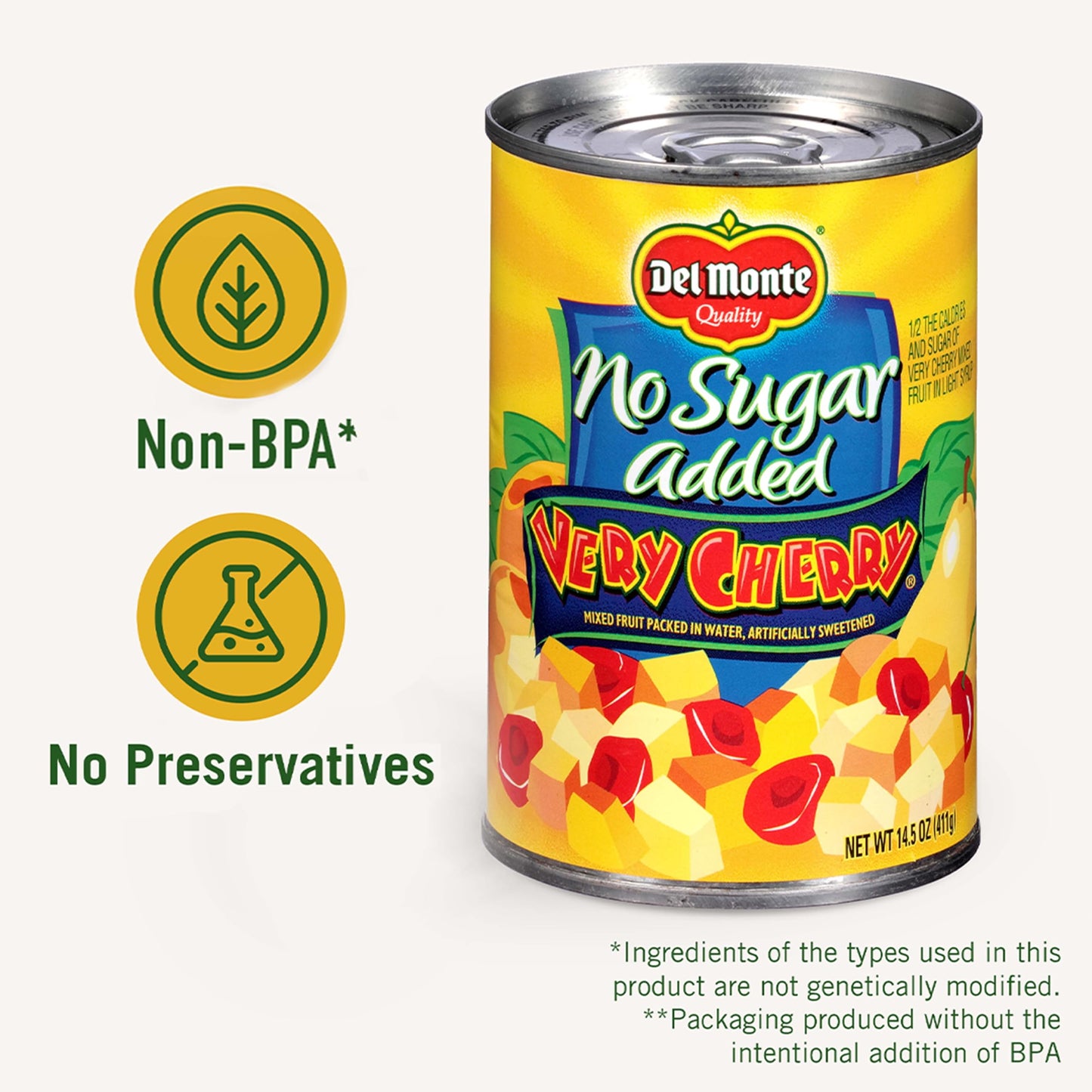 Del Monte Very Cherry Mixed Fruit in Water, No Sugar Added, 14.5 oz Can, Pack of 12