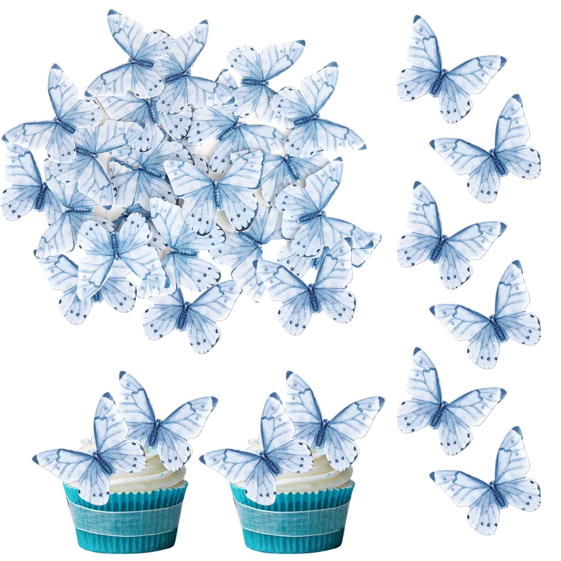 Rsstarxi 48 Pack Edible Butterfly Cake Decorations, Rice Paper Cupcake Toppers, Design 2 Blue 2 for Birthday and Wedding Parties