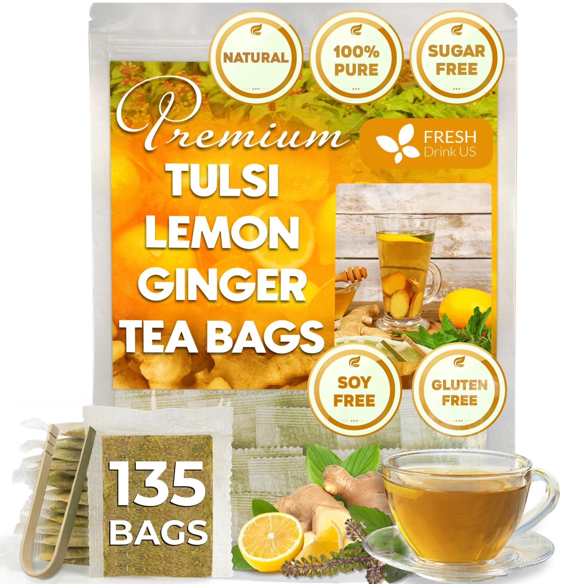 FRESHDRINKUS Tulsi Lemon Ginger Tea Bags, 100% Natural, Vegan, 135 Count