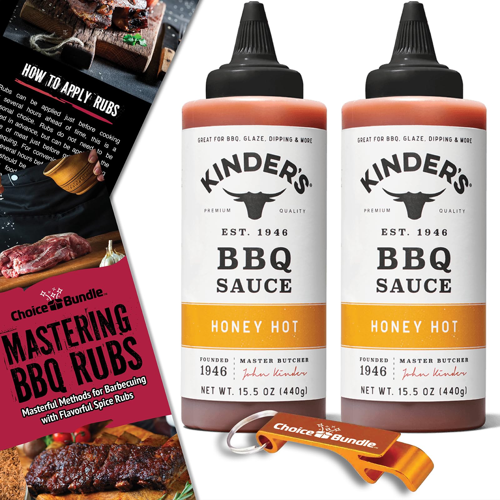 Kinders Honey Hot Bbq Top-Grade Barbecue Sauce 2 Pk (31 Oz) Great To Dip Toss Glaze & More + Barbecue Masters & Bottle Opener (4 Items)!
